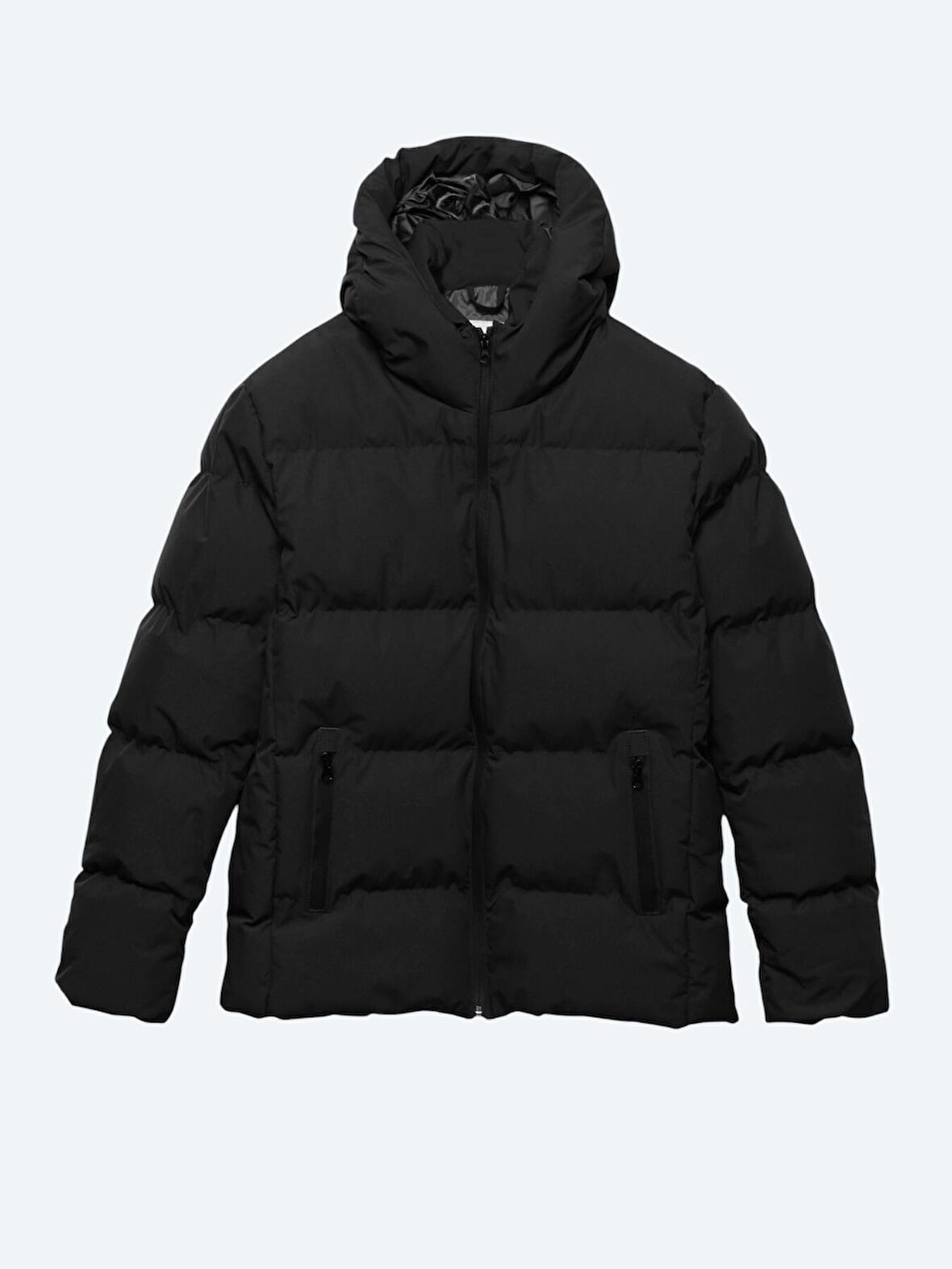 Siyah Regular Fit Kapüşonlu Casual Dokuma Mont