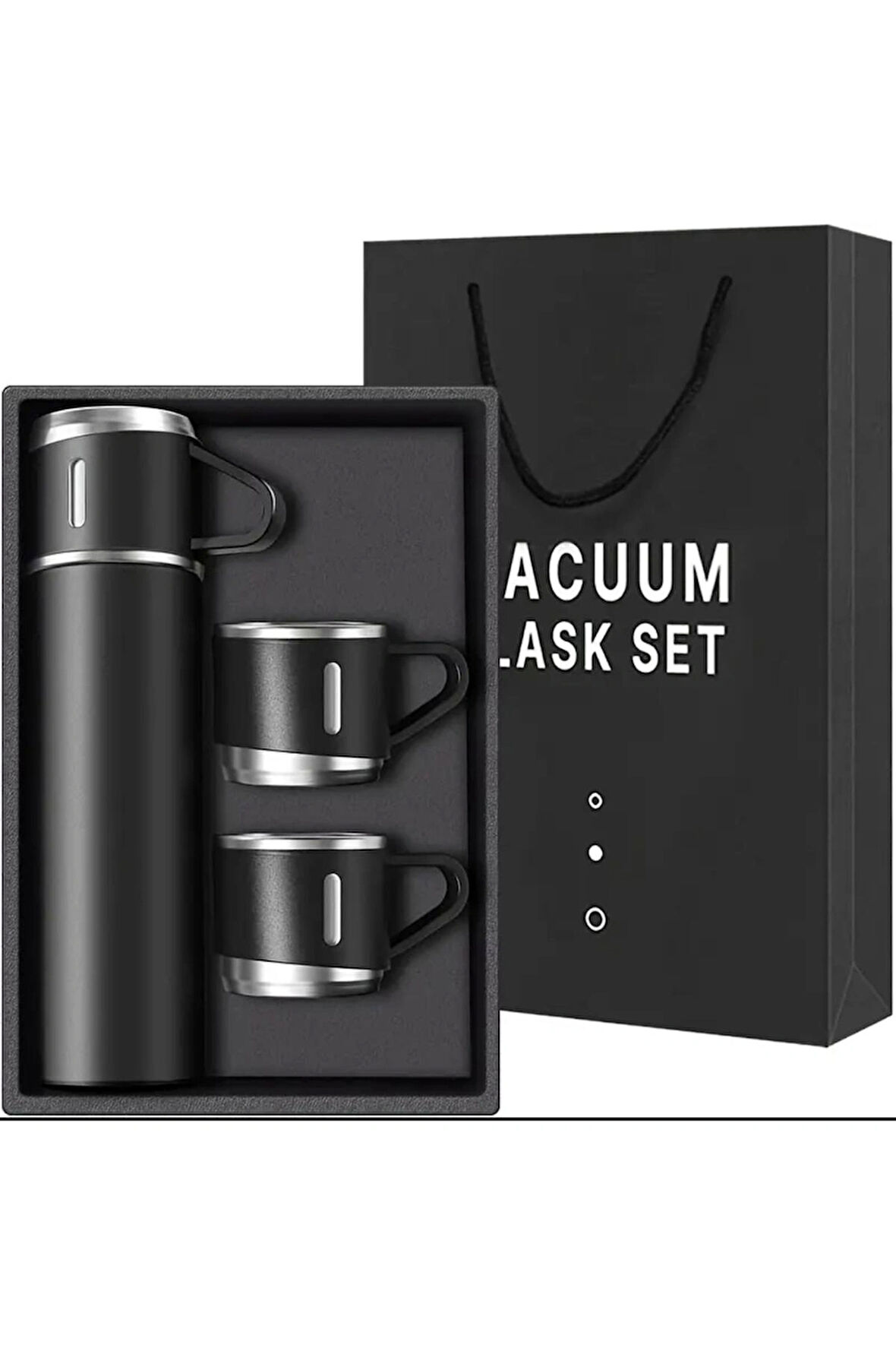 Dekorasyaa Paslanmaz Çelik 3 Bardaklı Termos 500 ml - Çanta Hediyeli - 12 Saat Sıcak Soğuk - Siyah