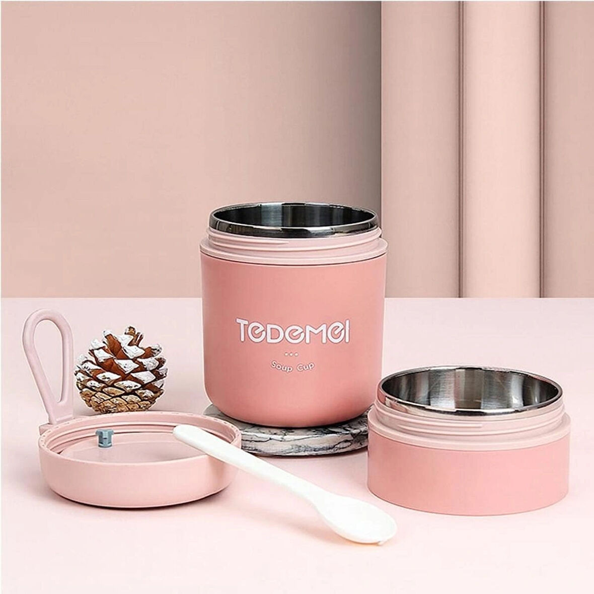 Dekorasyaa 2 Katlı Lunch Box - Pembe - Paslanmaz Çelik - Kaşıklı - Yemek Taşıma Kabı - 710ml