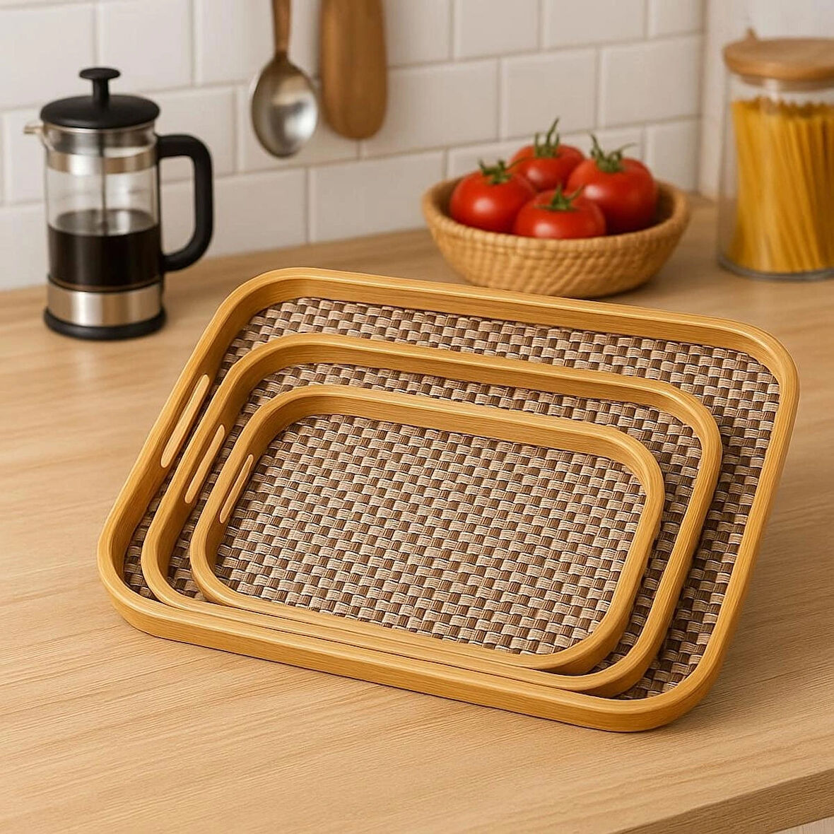 Dekorasyaa 3'lü Dikdörtgen Bambu Tepsi