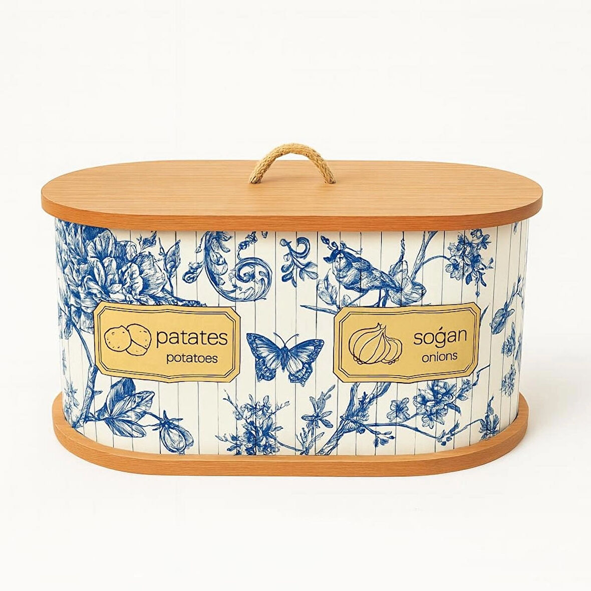 Dekorasyaa 2 Bölmeli Patates Soğanlık - Bambu - Oval Mavi Desen
