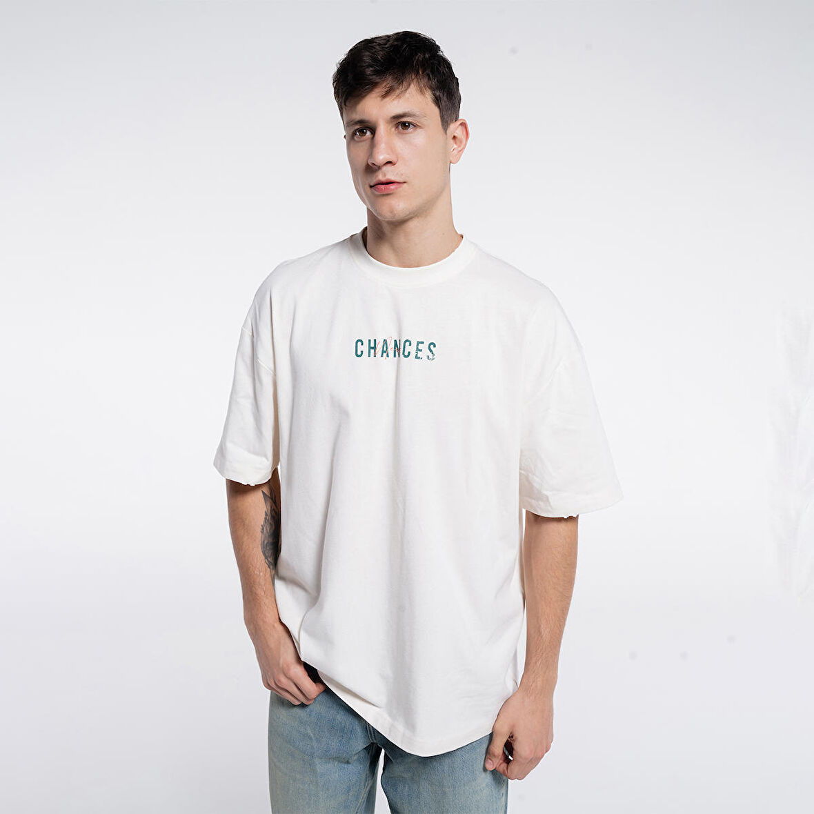 Ness Erkek Kırık Beyaz %100 Cotton Bisiklet Yaka Oversize Tshirt  | L