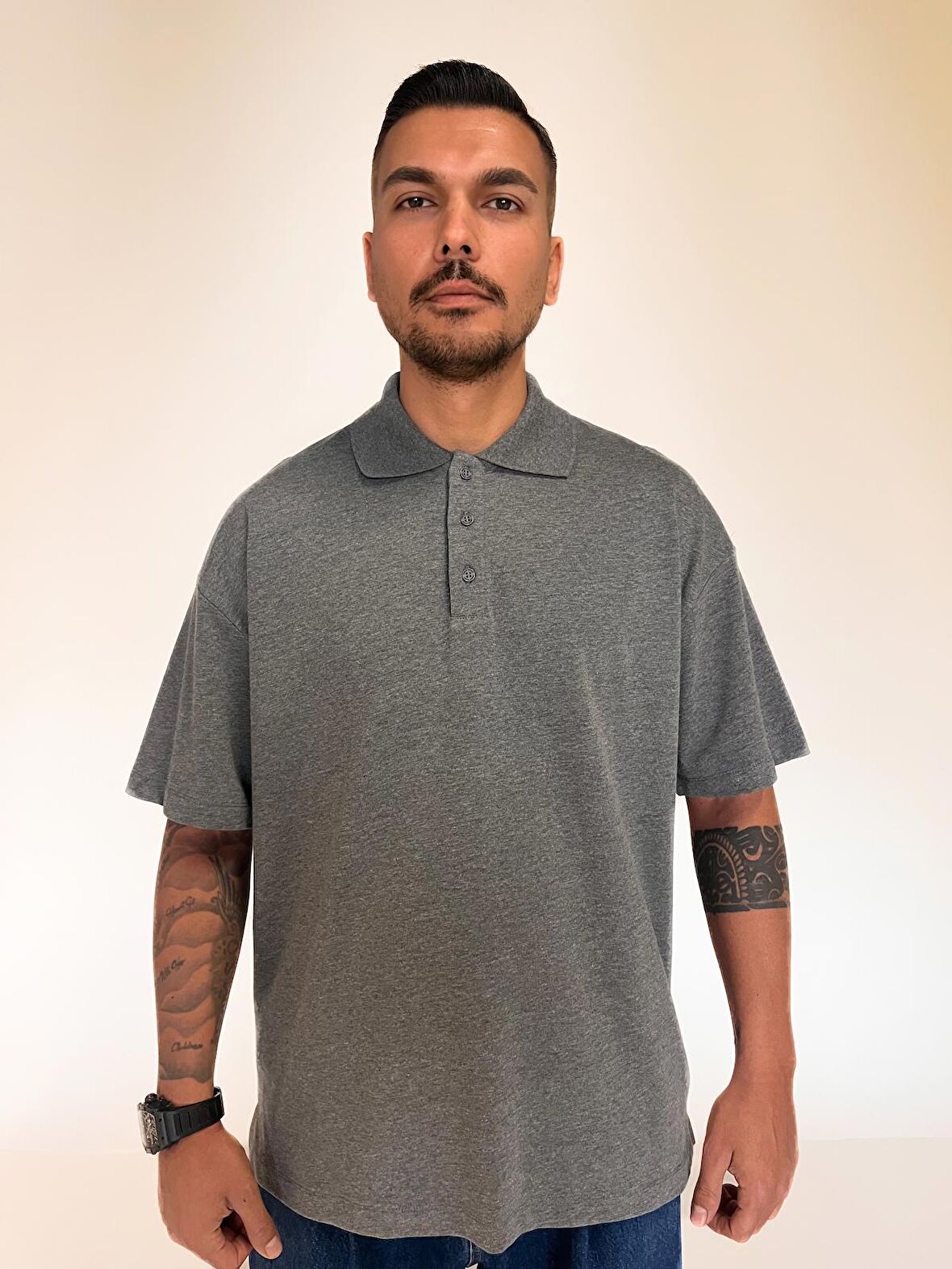 Mystery Erkek Gri Melanj  Pamuk Polyester  Polo Yaka Ekstra Oversize Tişört  | L