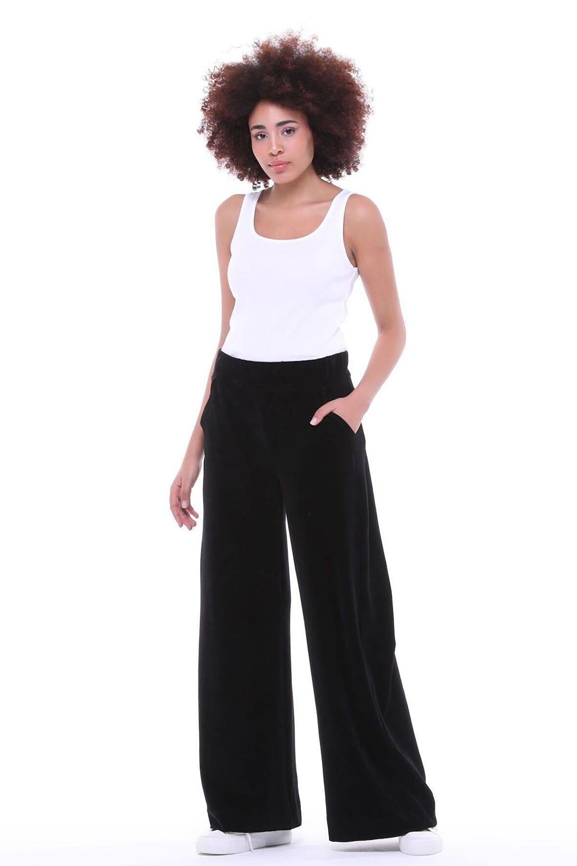 Kadın Kadife Oversize Bol Paça Pantolon Lacivert