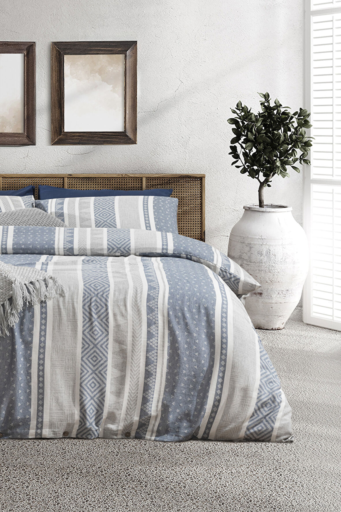 Semnoz Çift Kişilik Pamuklu Jakarlı Nevresim Takımı - Gri/Lacivert