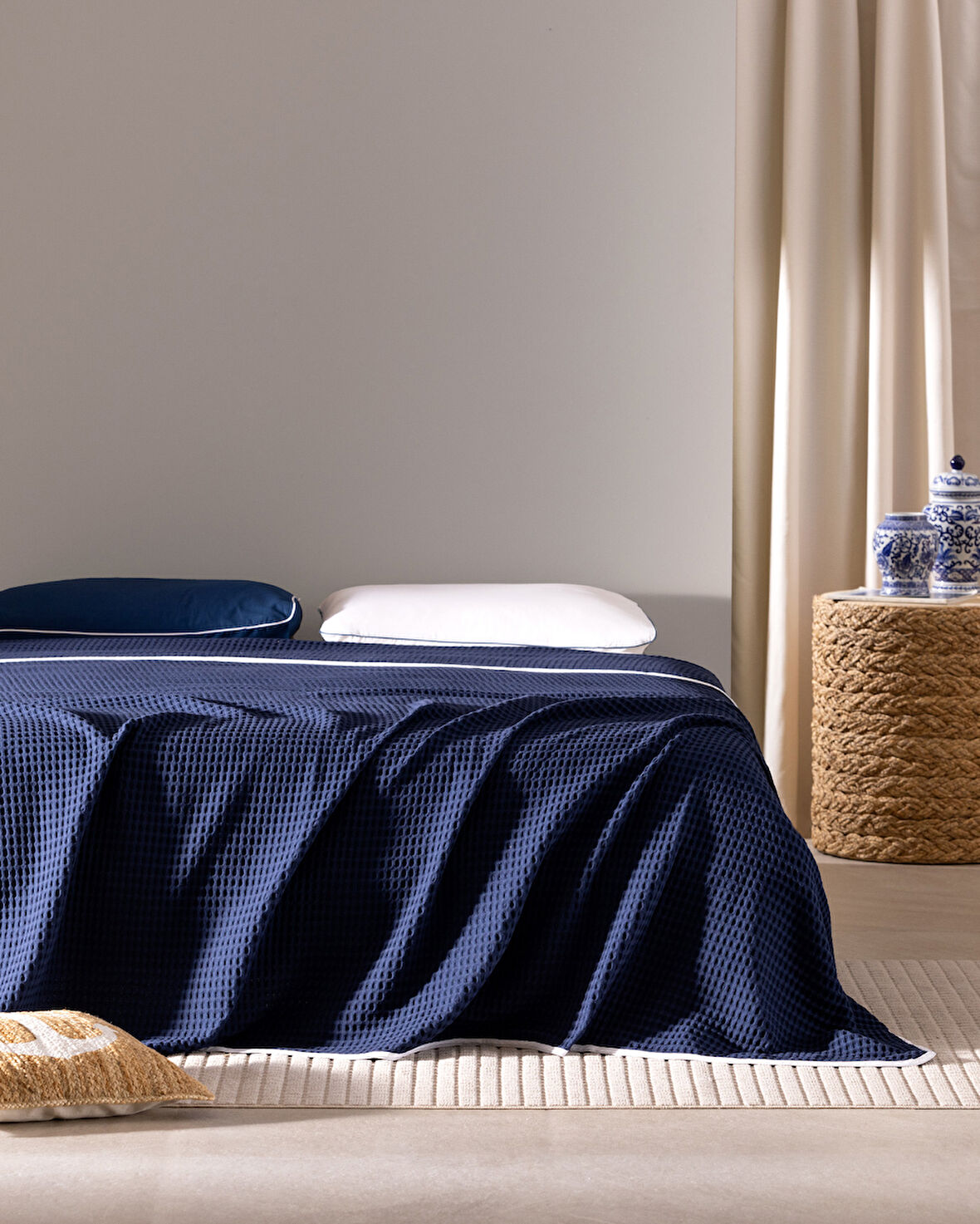 Dimanche King Size %100 Pamuk Gofre Pike - Lacivert/Beyaz