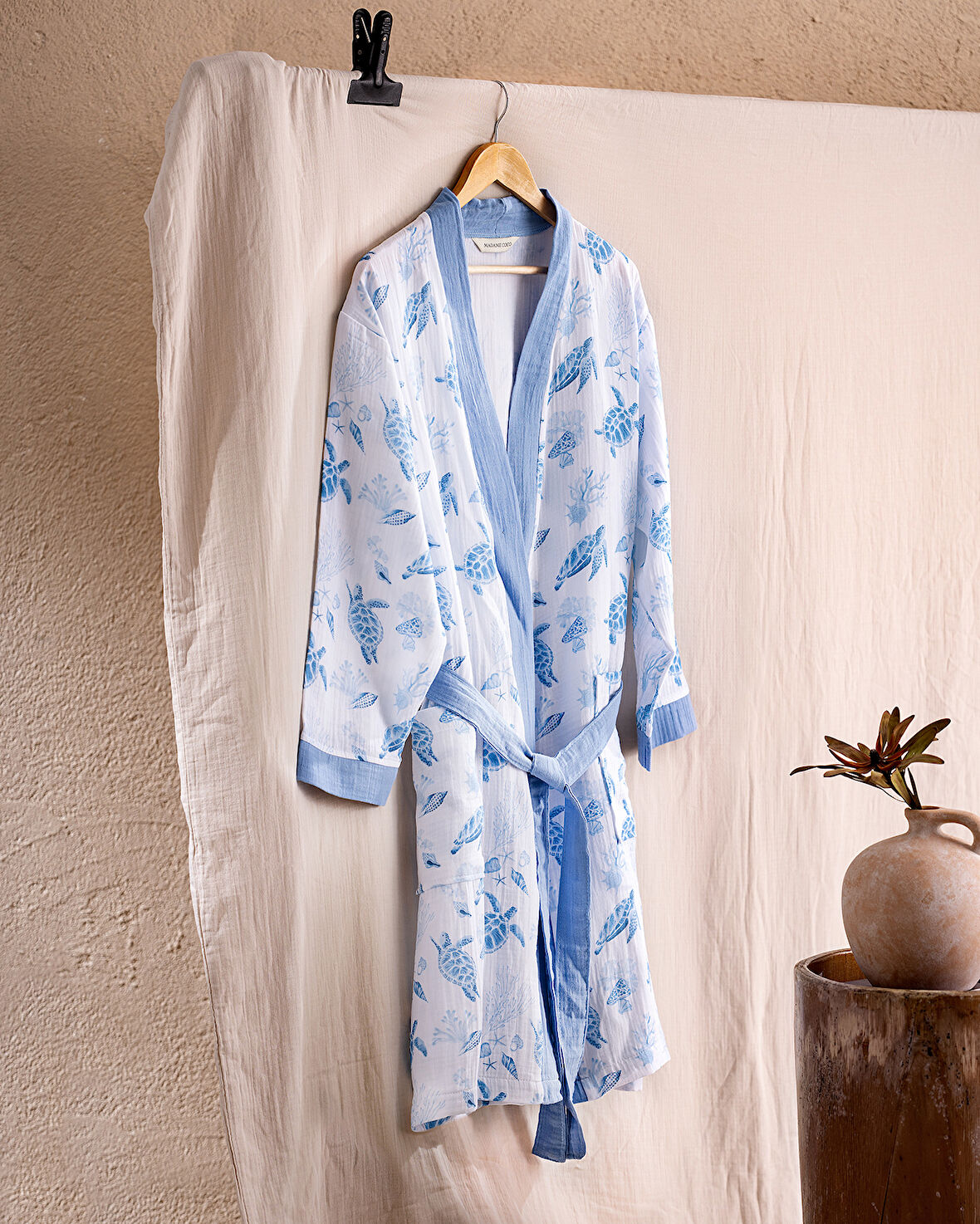 Victorine %100 Pamuk Kadın Müslin Bornoz - Beyaz/Mavi - Natural Koleksiyon