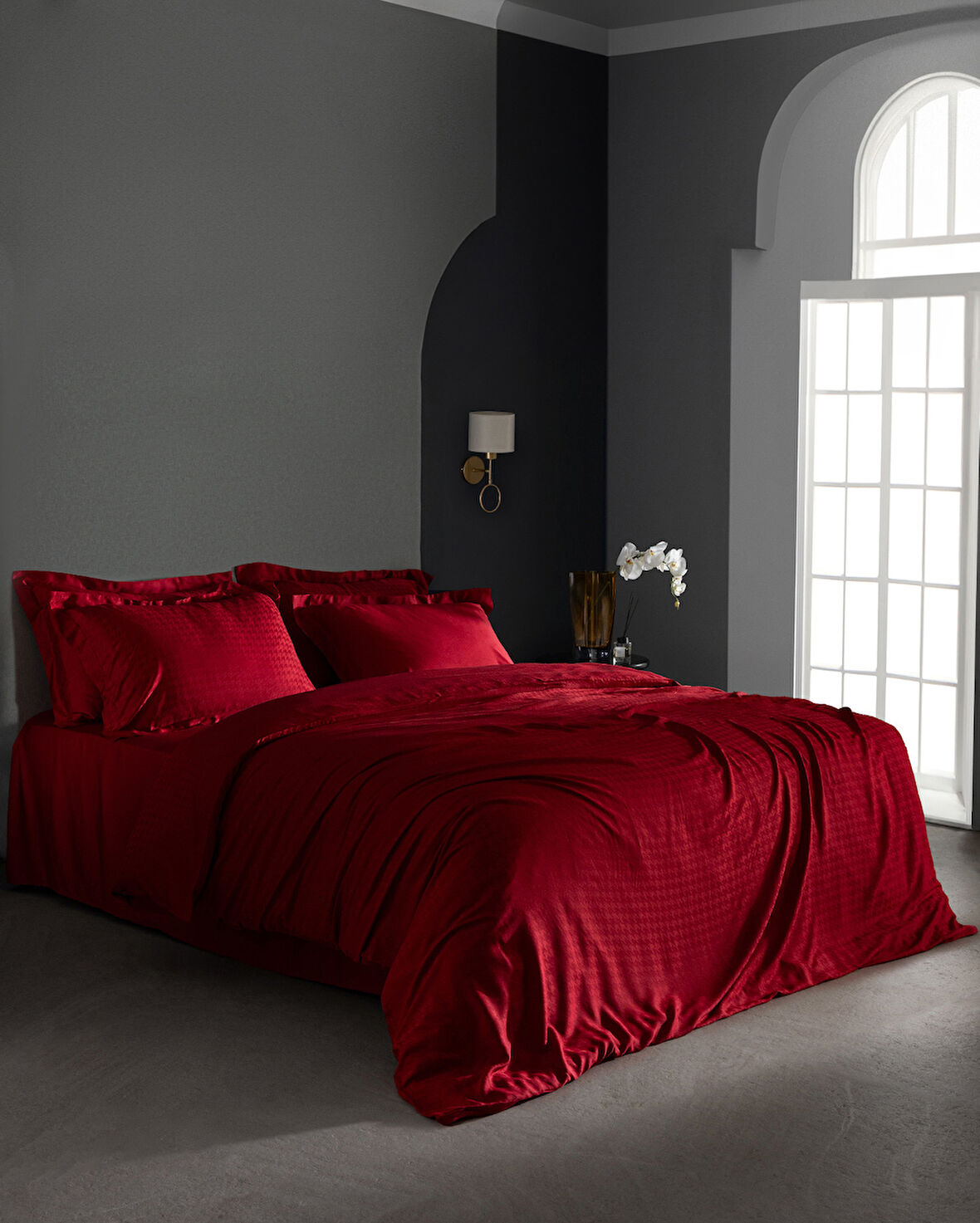 Lune King Size Bambu Saten Nevresim Takımı - Kırmızı