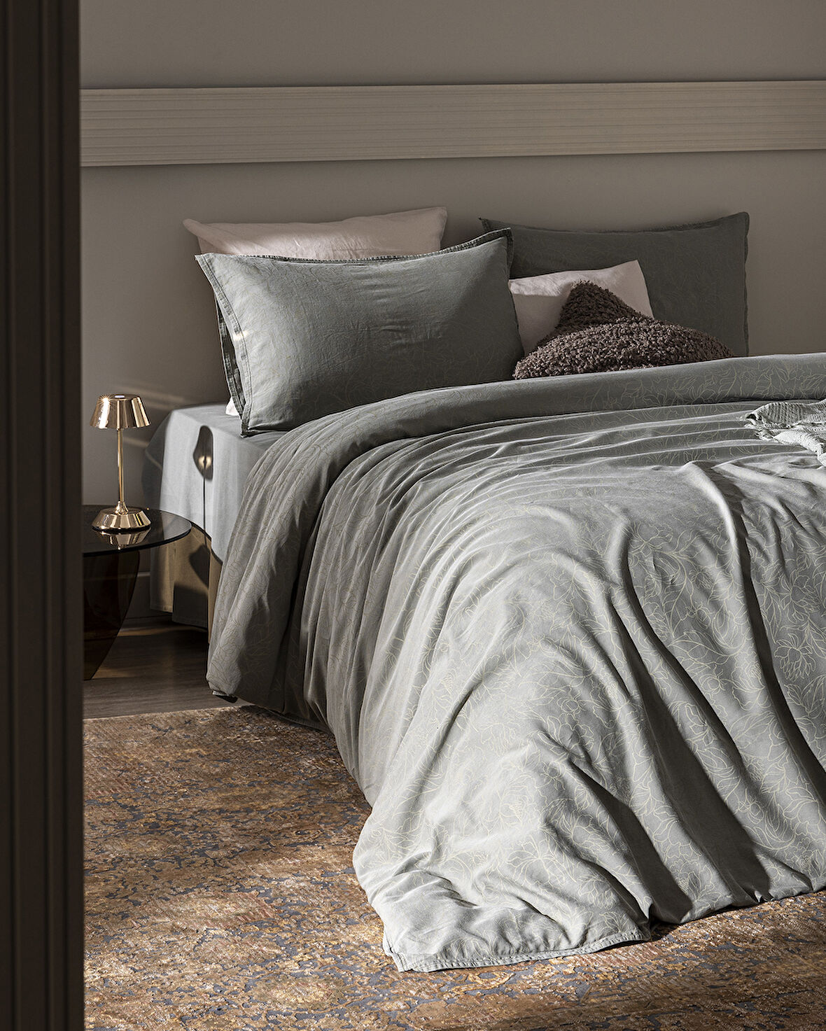 Maena King Size %100 Pamuk Baskılı Parça Boya Nevresim Takımı - Haki