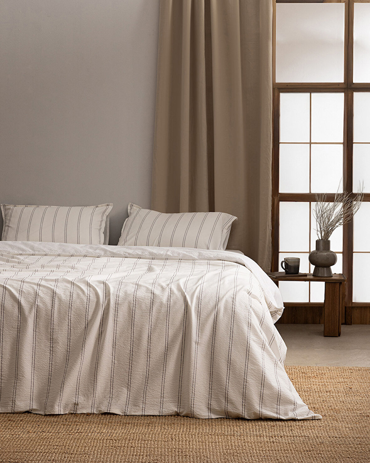 Linda Çizgili King Size %100 Pamuk Yıkamalı Gofre Nevresim Takımı - Beyaz/Antrasit
