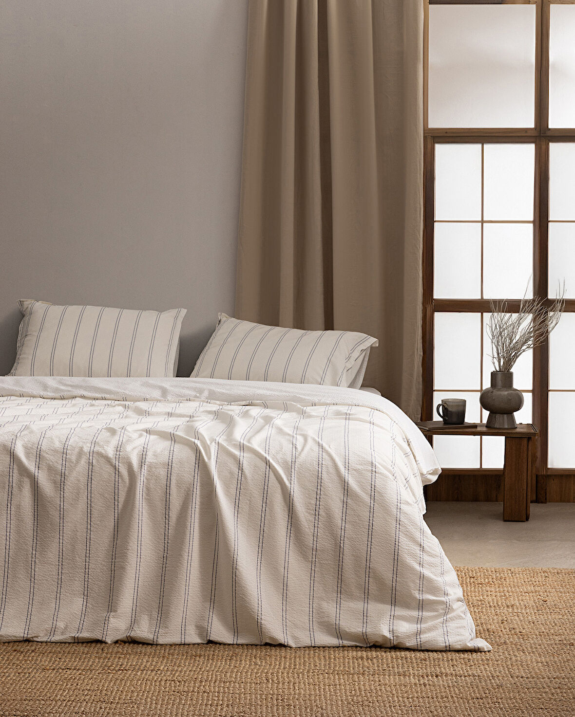 Linda Çizgili King Size %100 Pamuk Yıkamalı Gofre Nevresim Takımı - Beyaz/İndigo