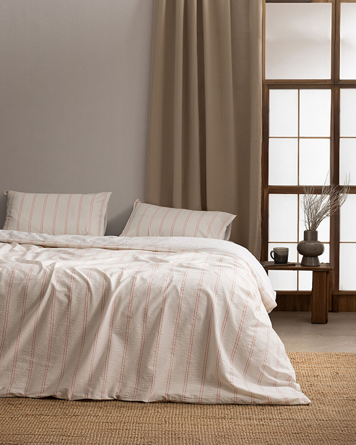 Linda Çizgili King Size %100 Pamuk Yıkamalı Gofre Nevresim Takımı - Beyaz/Mercan