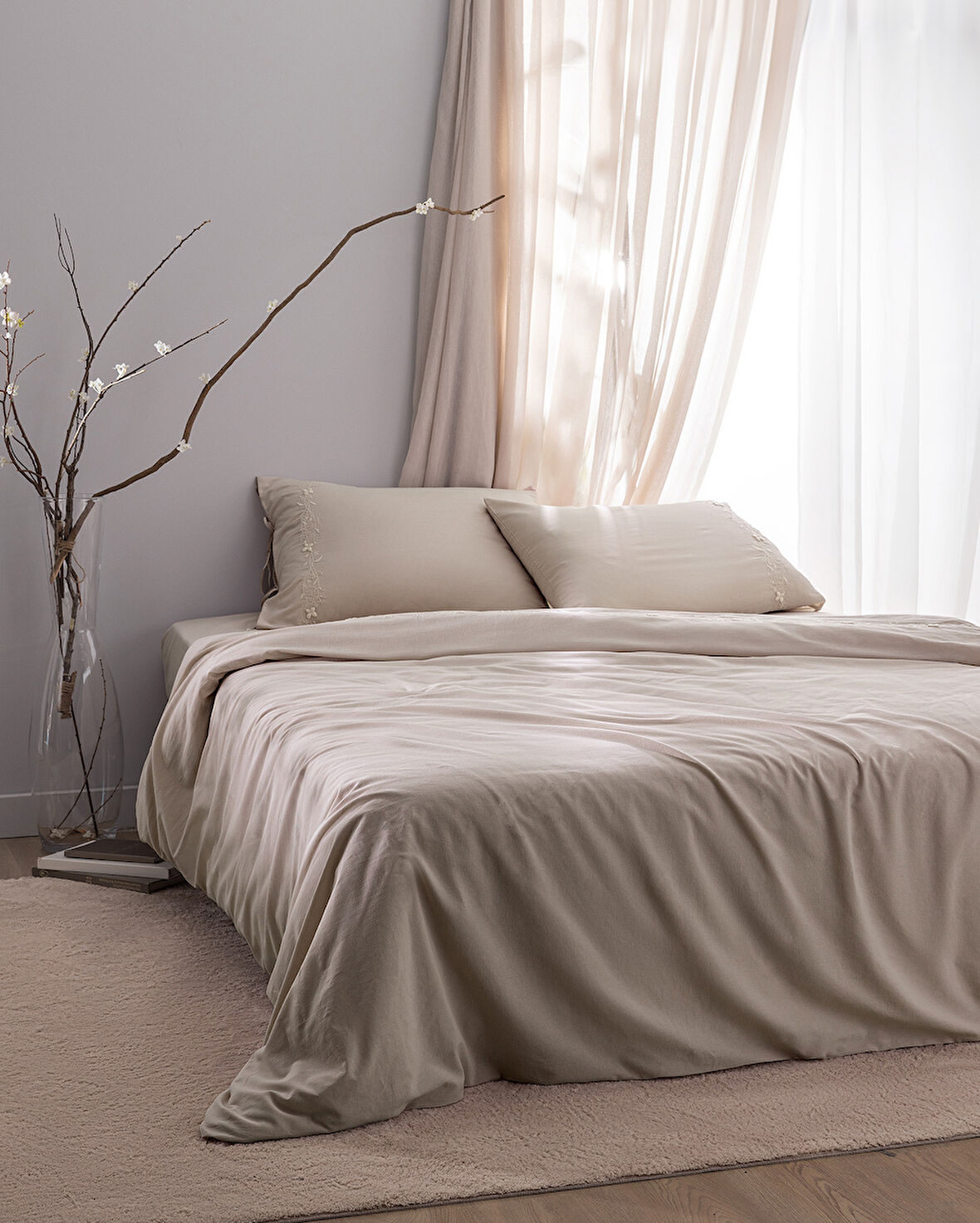 Loris King Size %100 Pamuk Nakışlı Nevresim Takımı - Bej