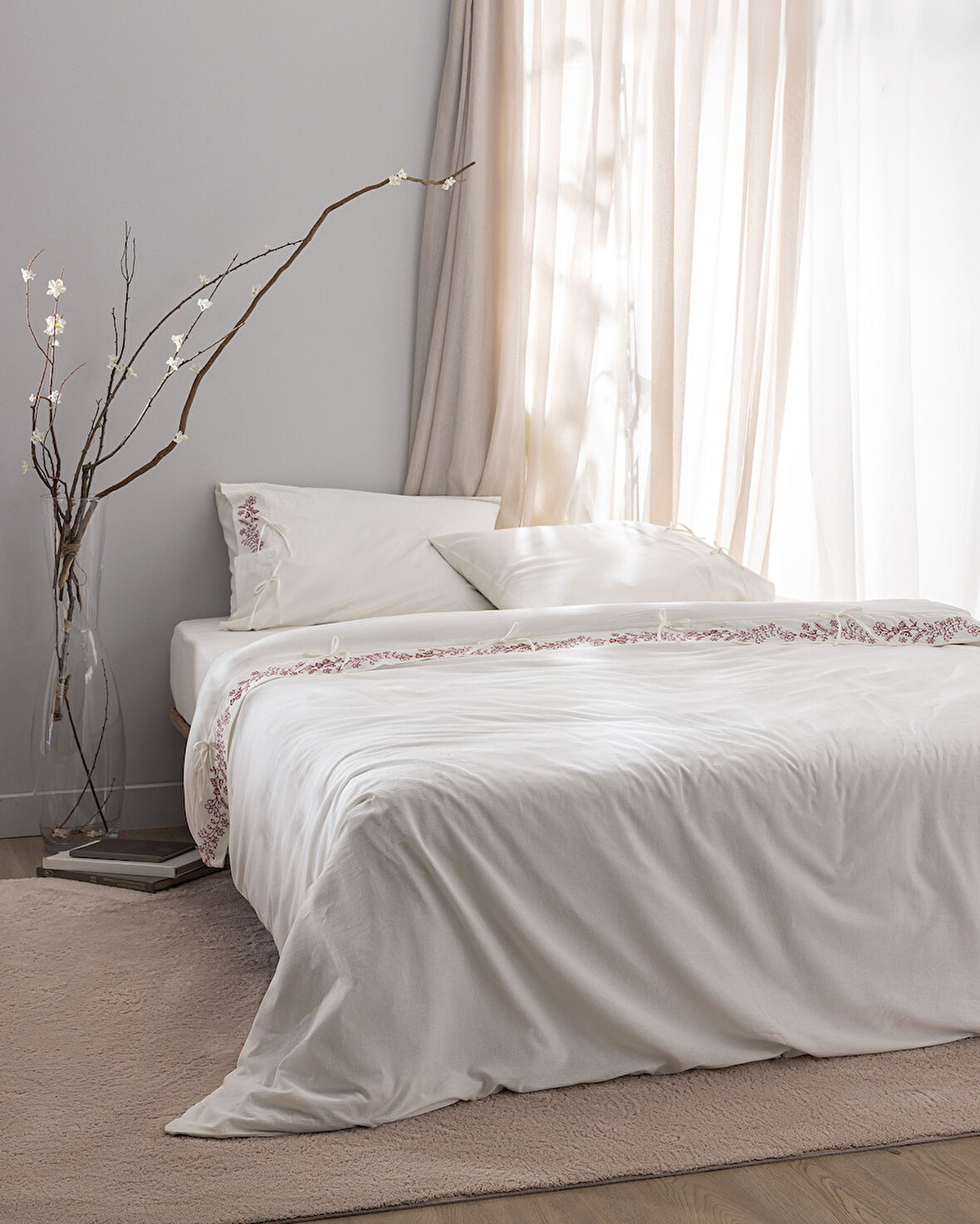 Relief King Size %100 Pamuk Bağlamalı Nevresim Takımı - Ekru/Kırmızı