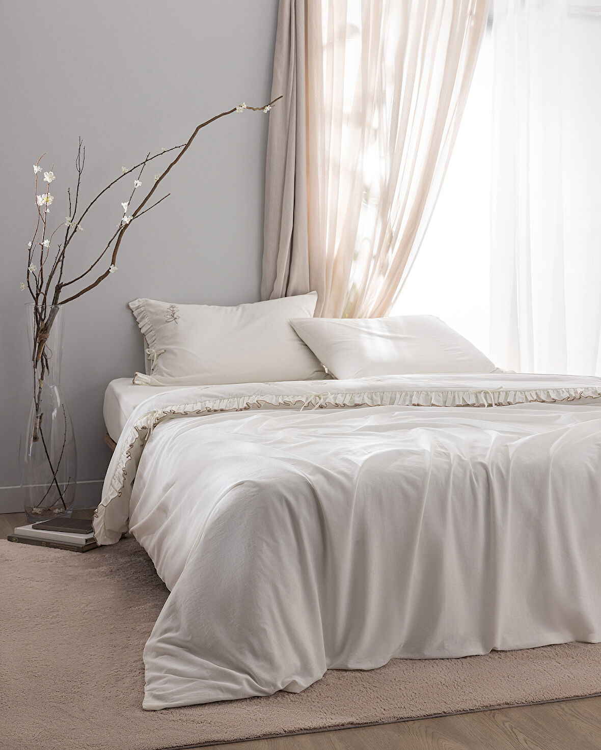 Perline King Size %100 Pamuk Fırfırlı Nevresim Takımı - Ekru/Bej
