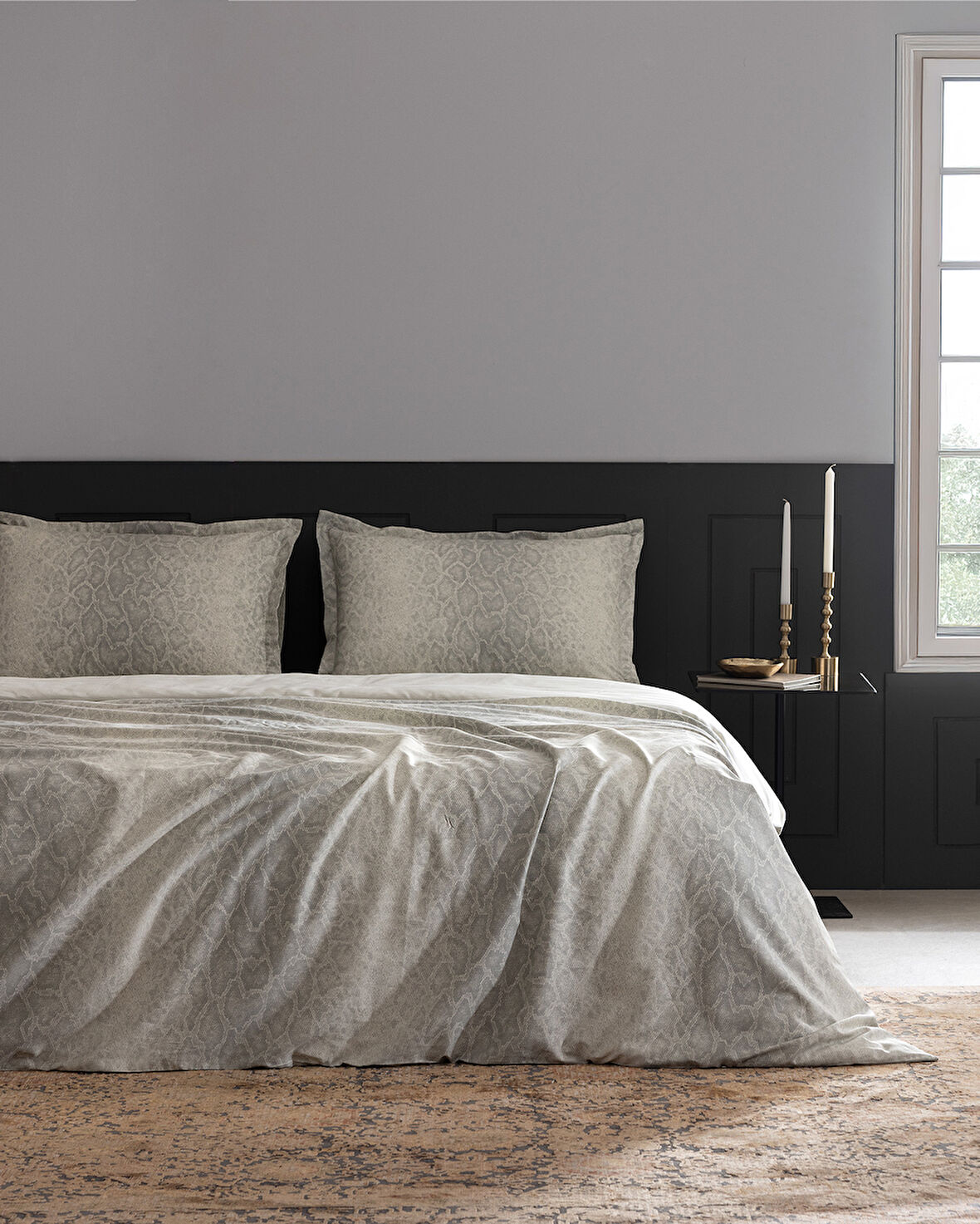 Elaine King Size %100 Pamuk Baskılı Saten Nevresim Takımı - Taş