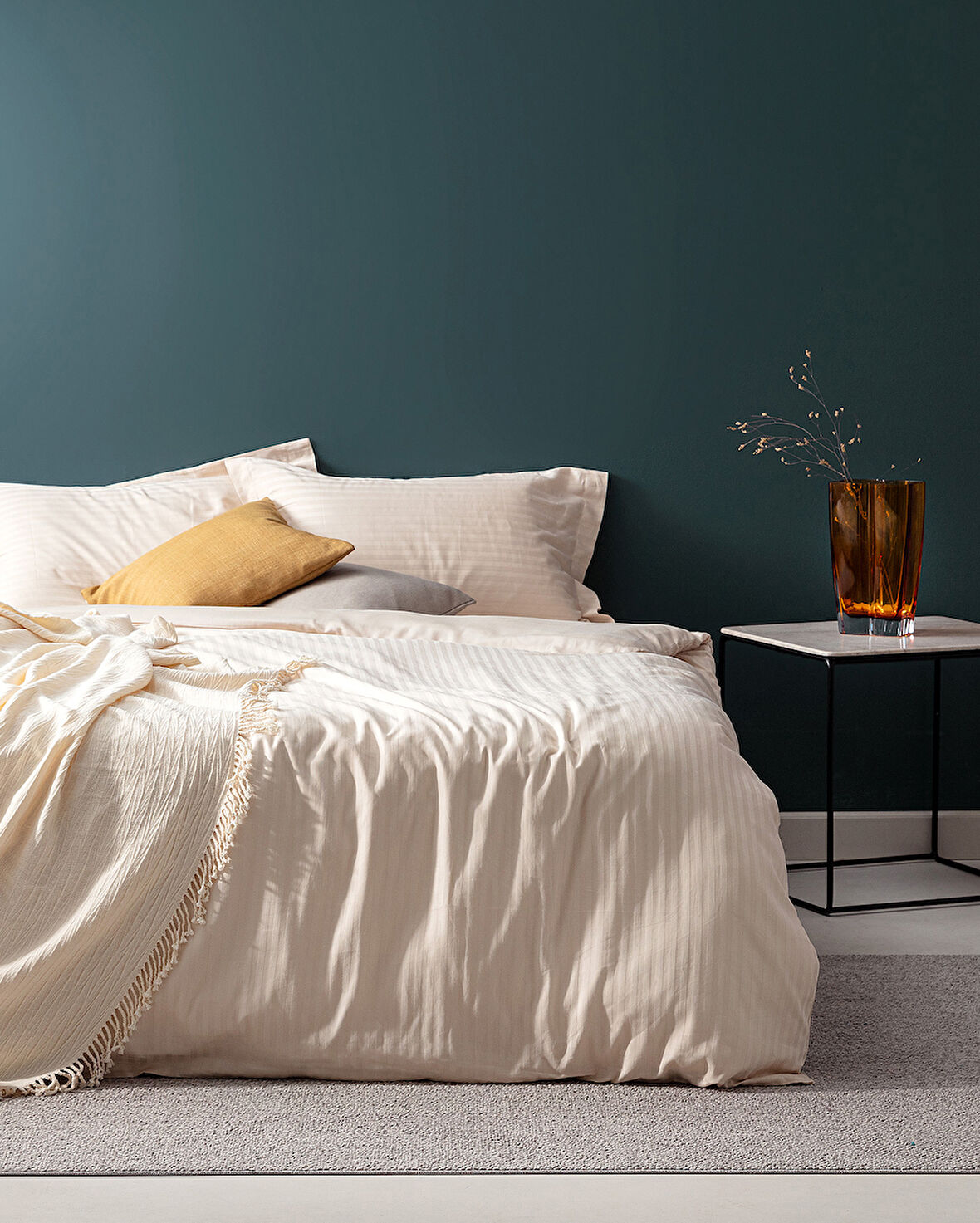 Elicia King Size %100 Pamuk Çizgili Saten Nevresim Takımı - Gold
