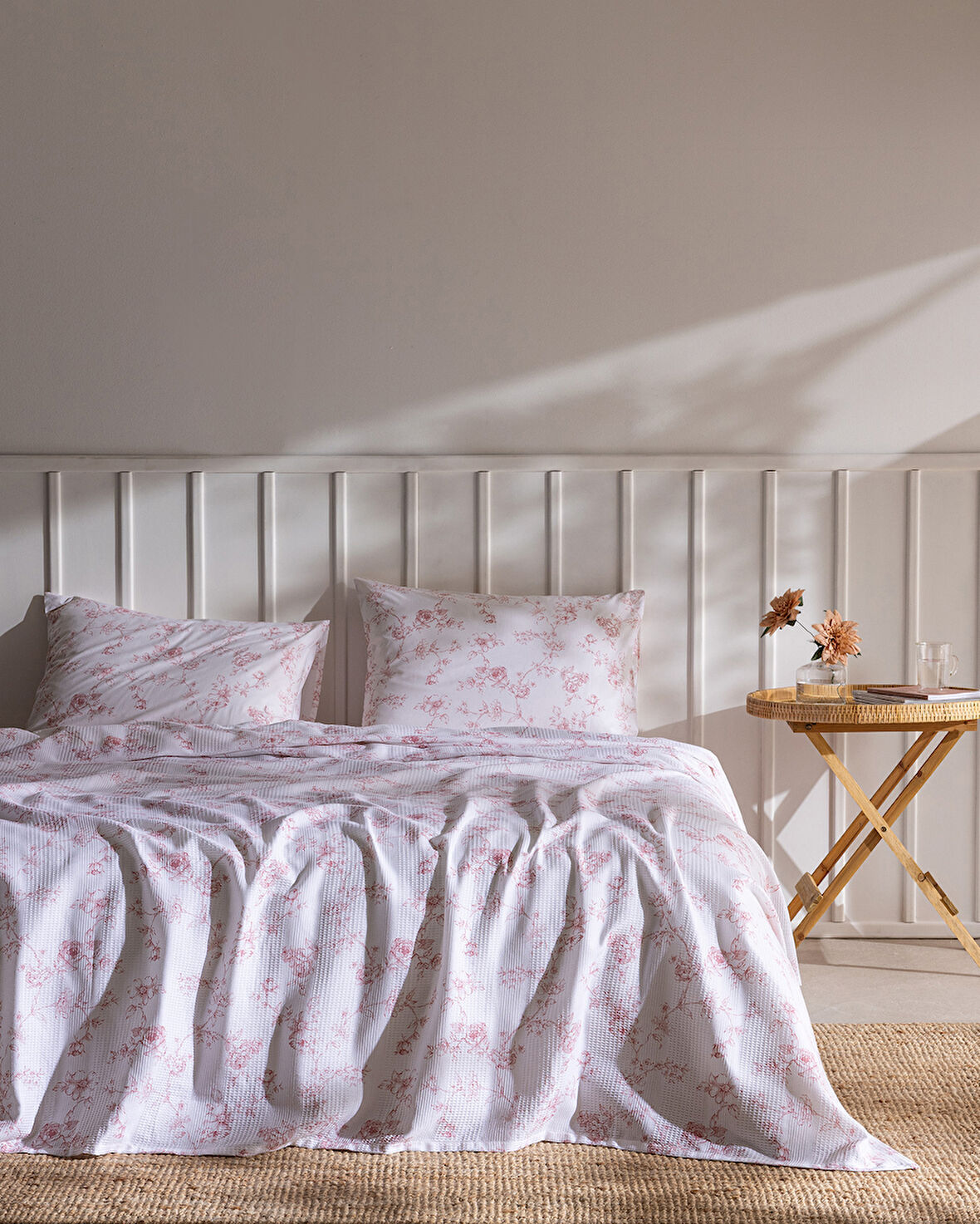 Tiny King Size Pamuklu Ecocell Baskılı Pike Takımı - Pudra