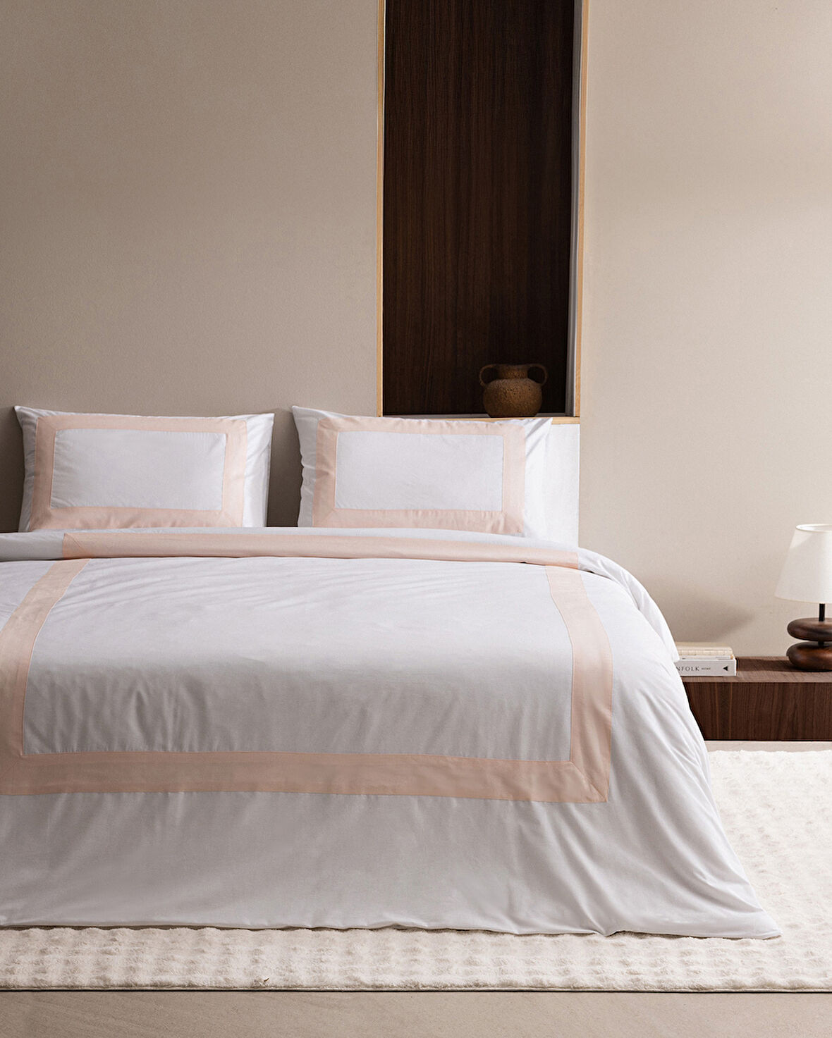 Valette King Size %100 Pamuk Nevresim Takımı - Beyaz/Pudra