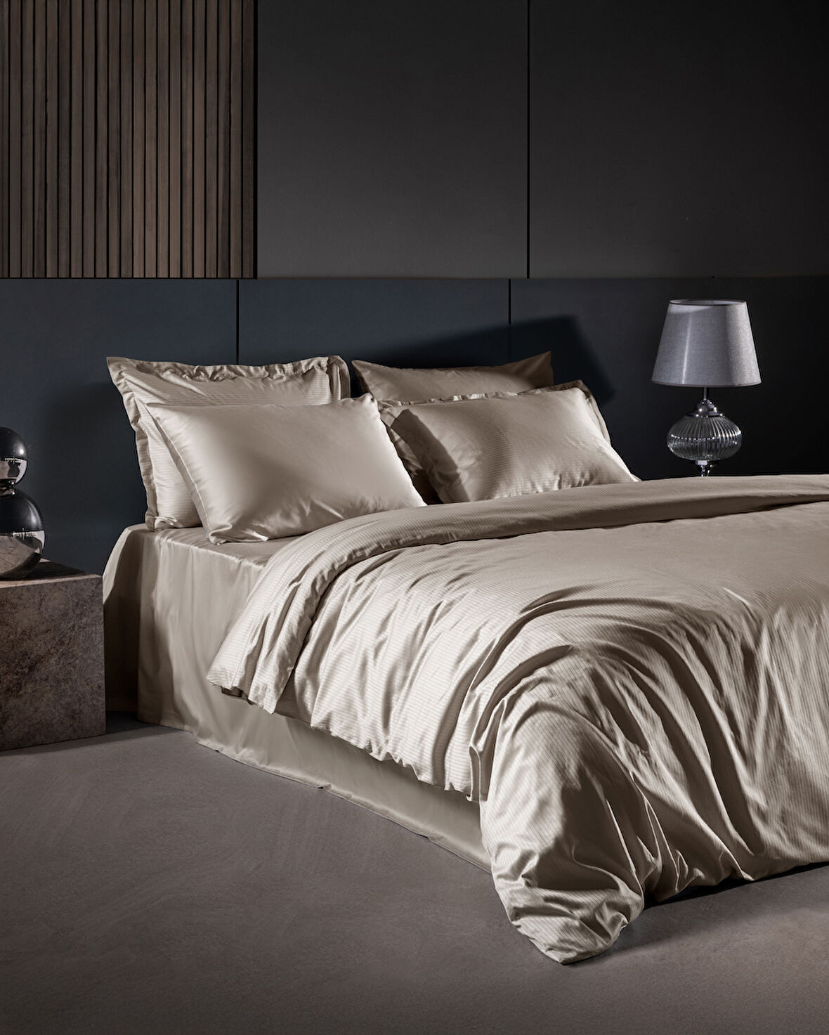 Thalie King Size %100 Pamuk Çizgili - 300TC Saten Nevresim Takımı - Bej