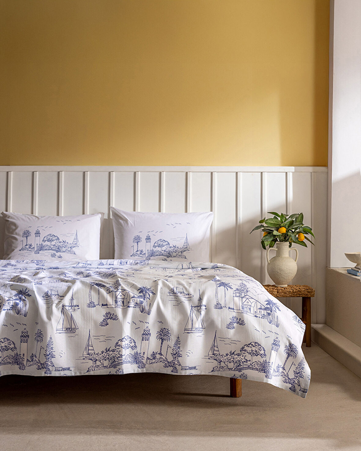 Bretta Tek Kişilik Pamuklu Ecocell Baskılı Pike Takımı - Mavi