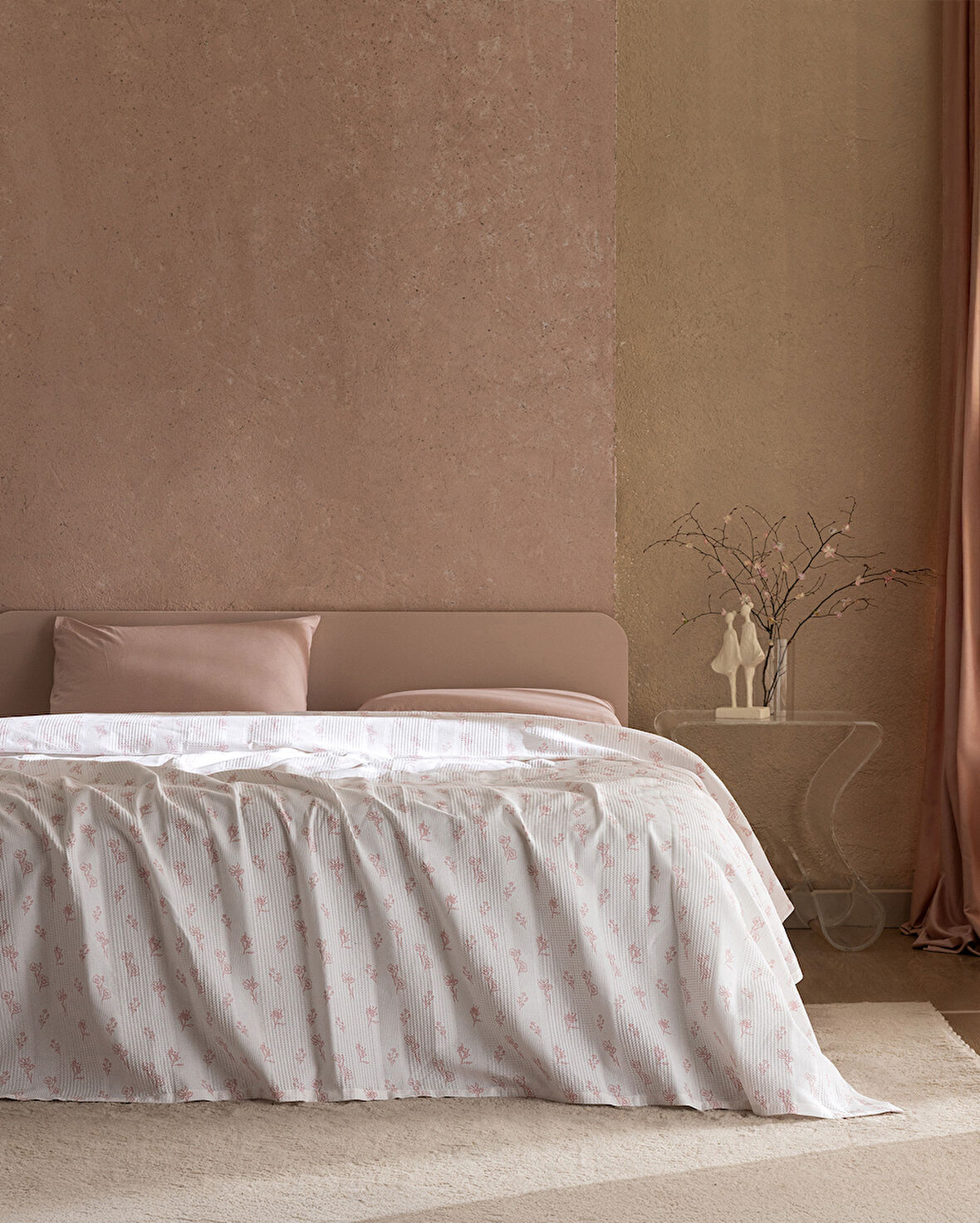 Rouge King Size %100 Pamuk Karde Baskılı Pike - Pudra