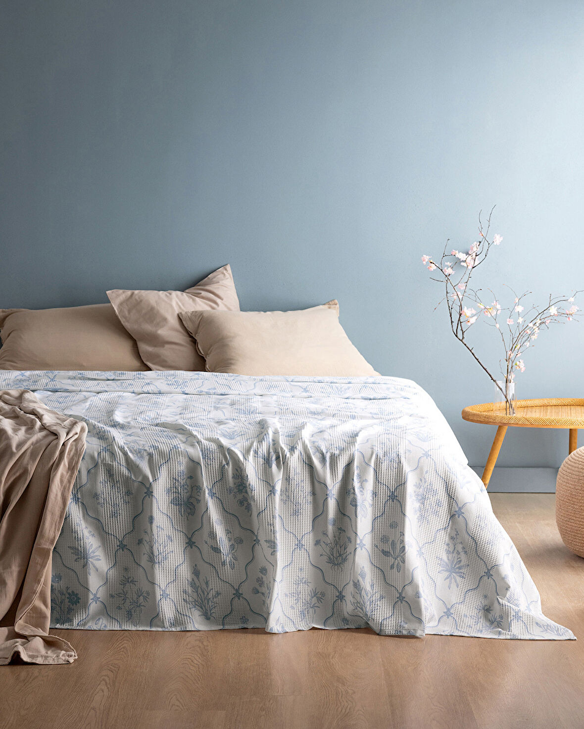 Rotule King Size %100 Pamuk Karde Baskılı Pike - Mavi