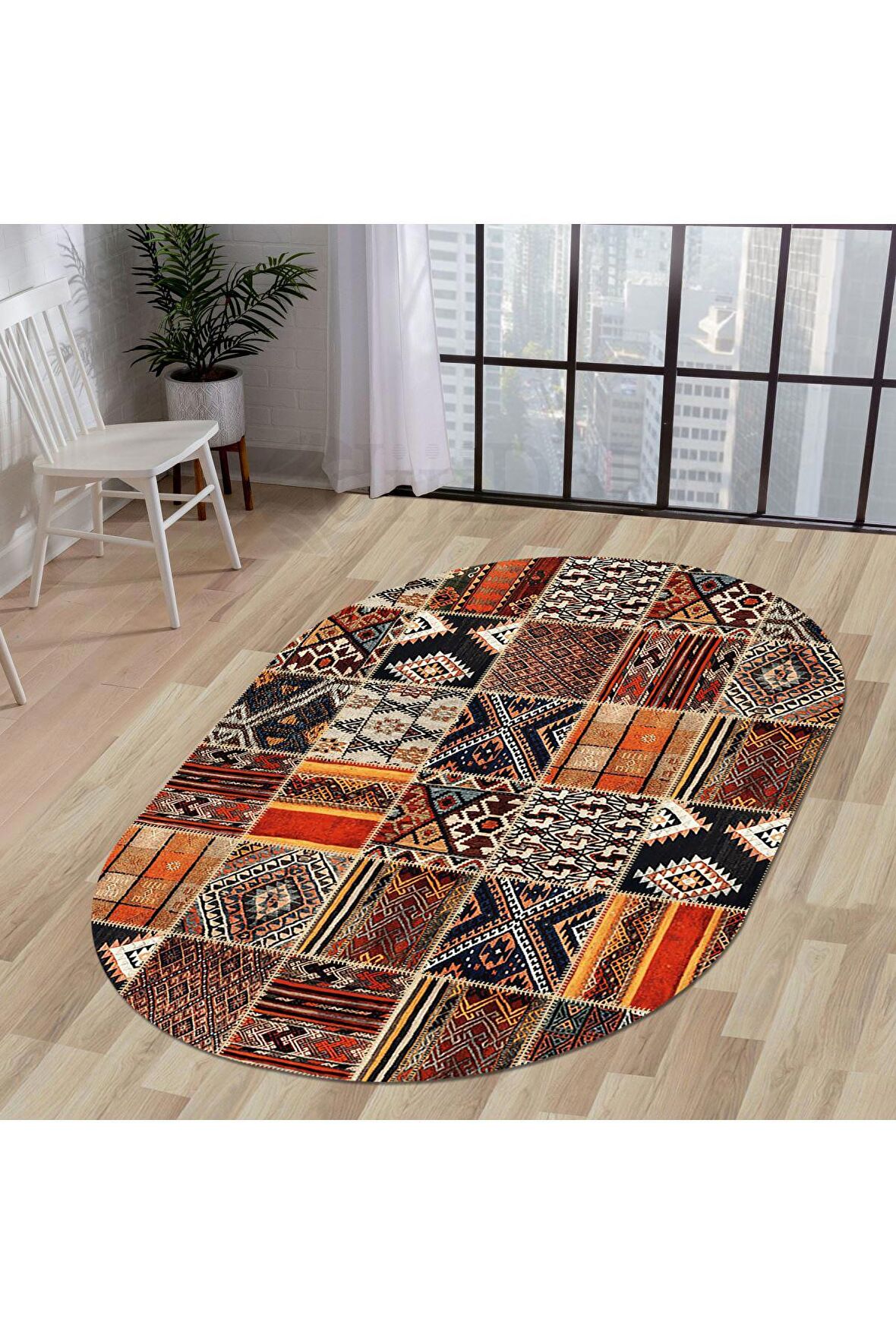 DijiDekor K1300 Patchwork Saçaksız Dijital Oval Halı Kaymaz Yıkanabilir Mutfak Antre Salon Halısı