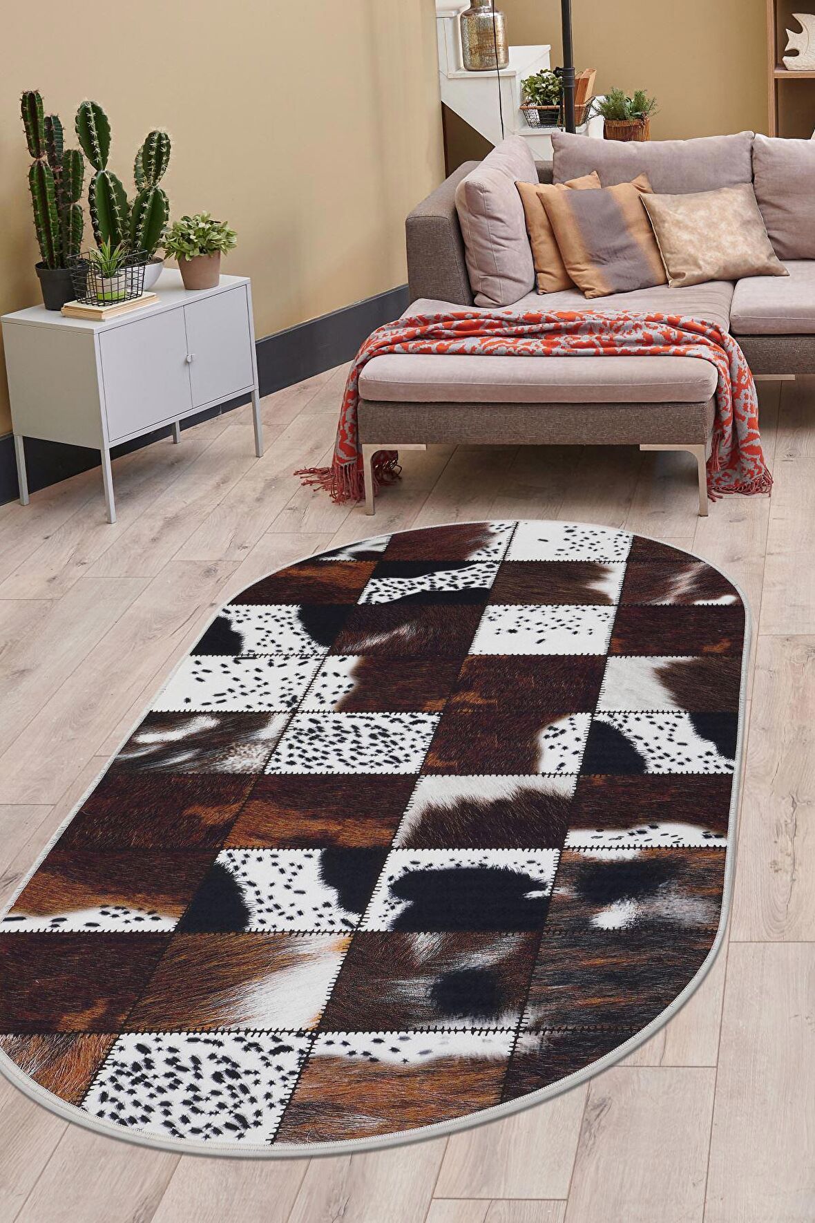 DijiDekor DR01 Kahve Saçaksız Dijital Oval Halı Kaymaz Yıkanabilir Yolluk 100X150