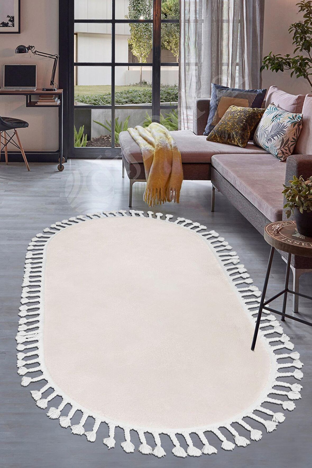 Dijidekor Lüx Post Peluş Düz Krem Oval Saçaklı Bohem Koridor Oturma Odası ve Salon Halısı