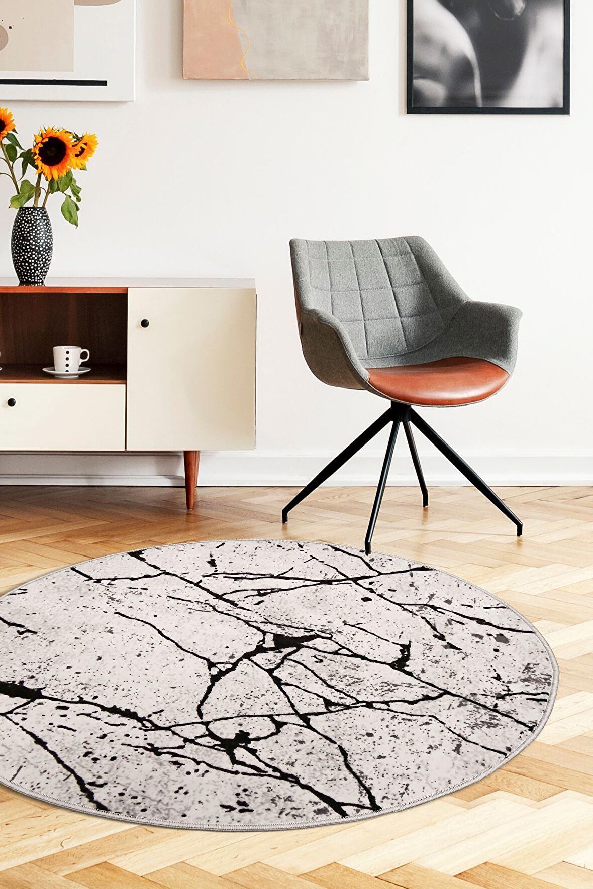 DijiDekor Mermer Gri Yuvarlak Halı Kaymaz Yıkanabilir Antibakteriyel Antistatik 
