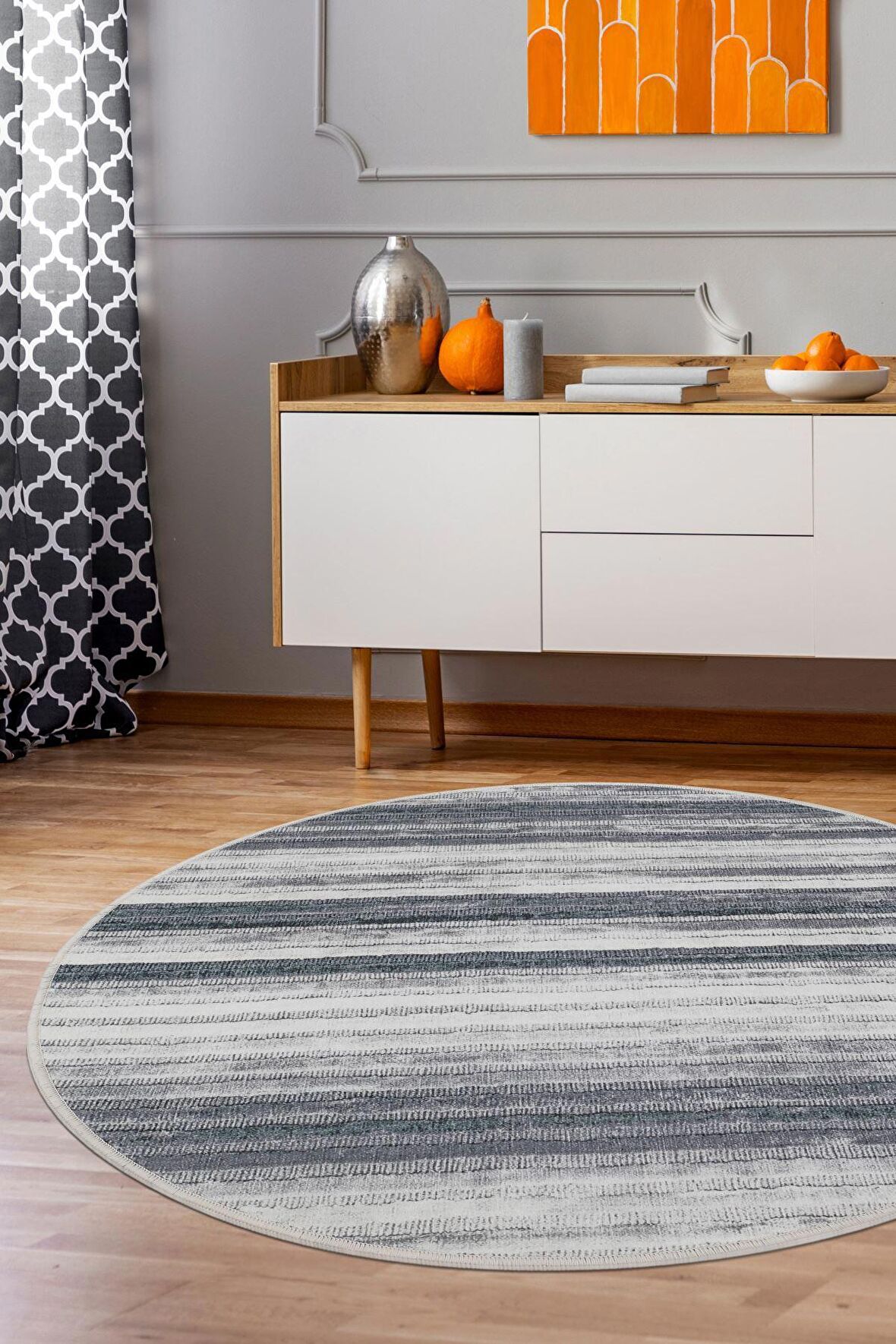 DijiDekor 9026 Gri Saçaksız Dijital Yuvarlak Halı Kaymaz Yıkanabilir