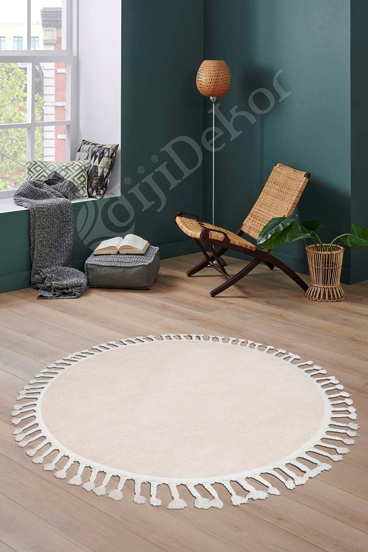 Lüx Post Peluş Düz Krem Yuvarlak Saçaklı Bohem Koridor Oturma Odası Ve Salon Halısı