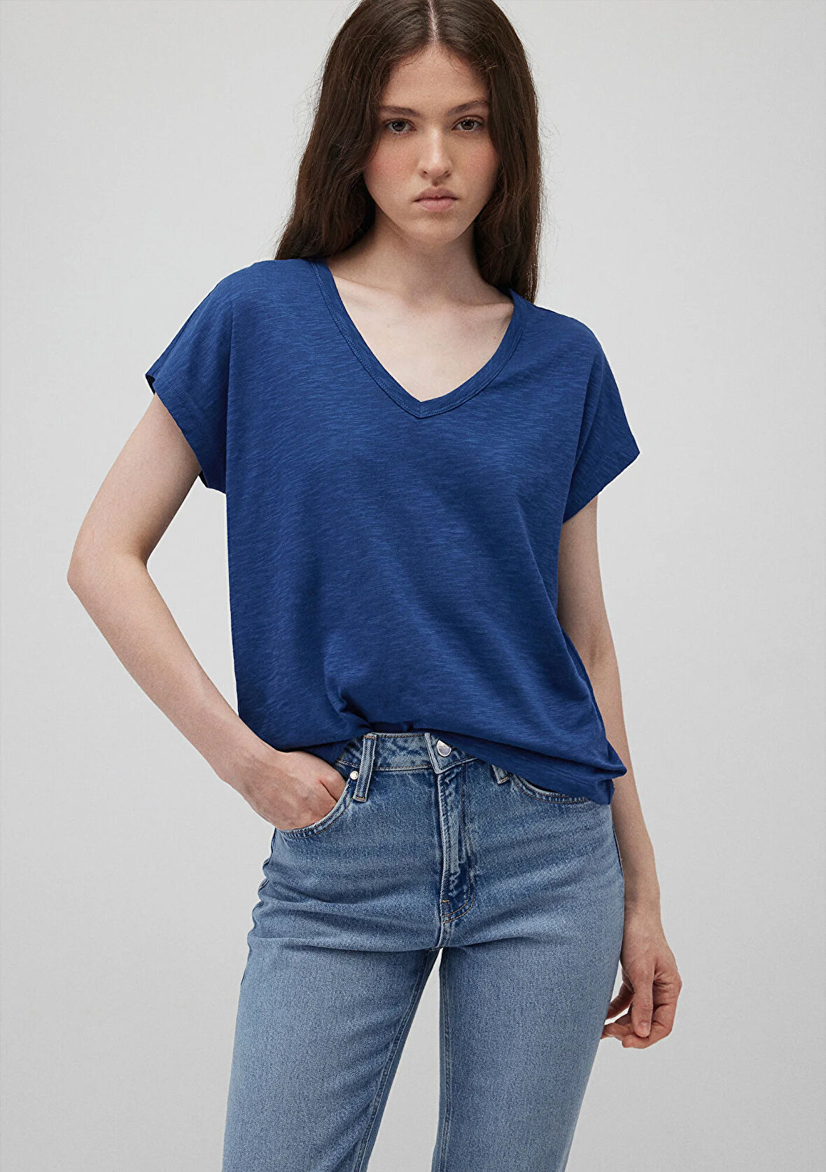 V Yaka Lacivert Basic Tişört 1612380-30808