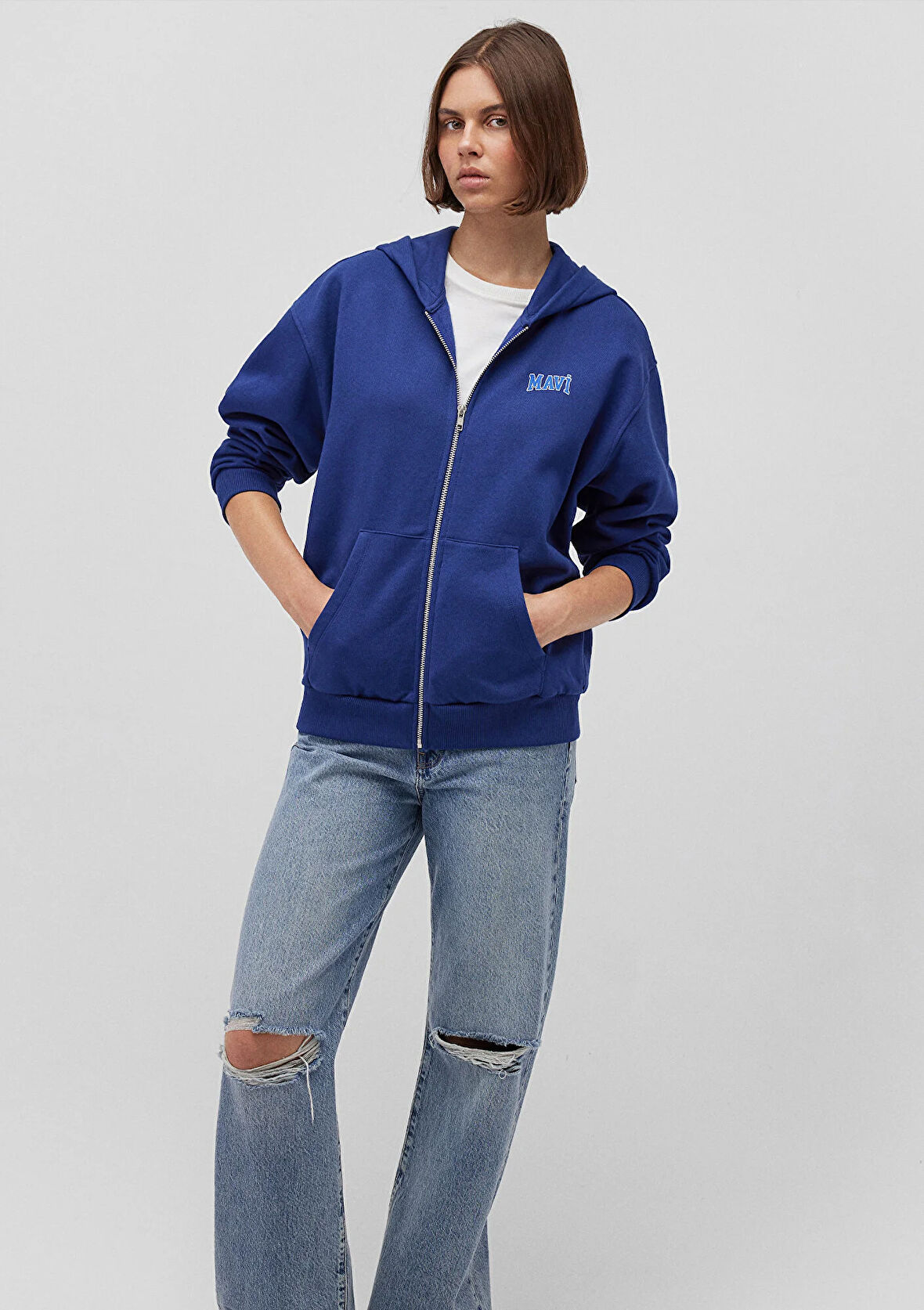Mavi Logo Baskılı Kapüşonlu Fermuarlı Mavi Sweatshirt 1S10178-70722
