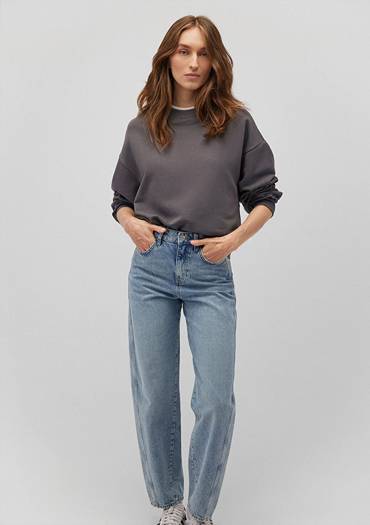 Bisiklet Yaka Gri Basic Sweatshirt 1611770-86560