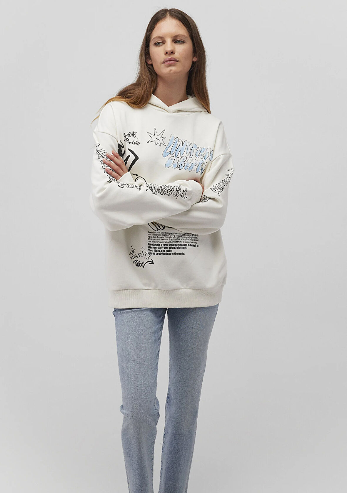 Baskılı Kapüşonlu Beyaz Sweatshirt 1S10287-80194