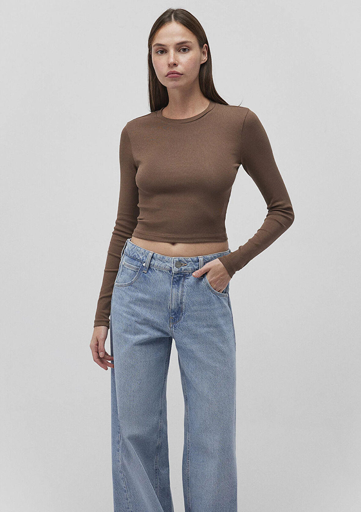 Uzun Kollu Kahverengi Basic Tişört 1612822-81959