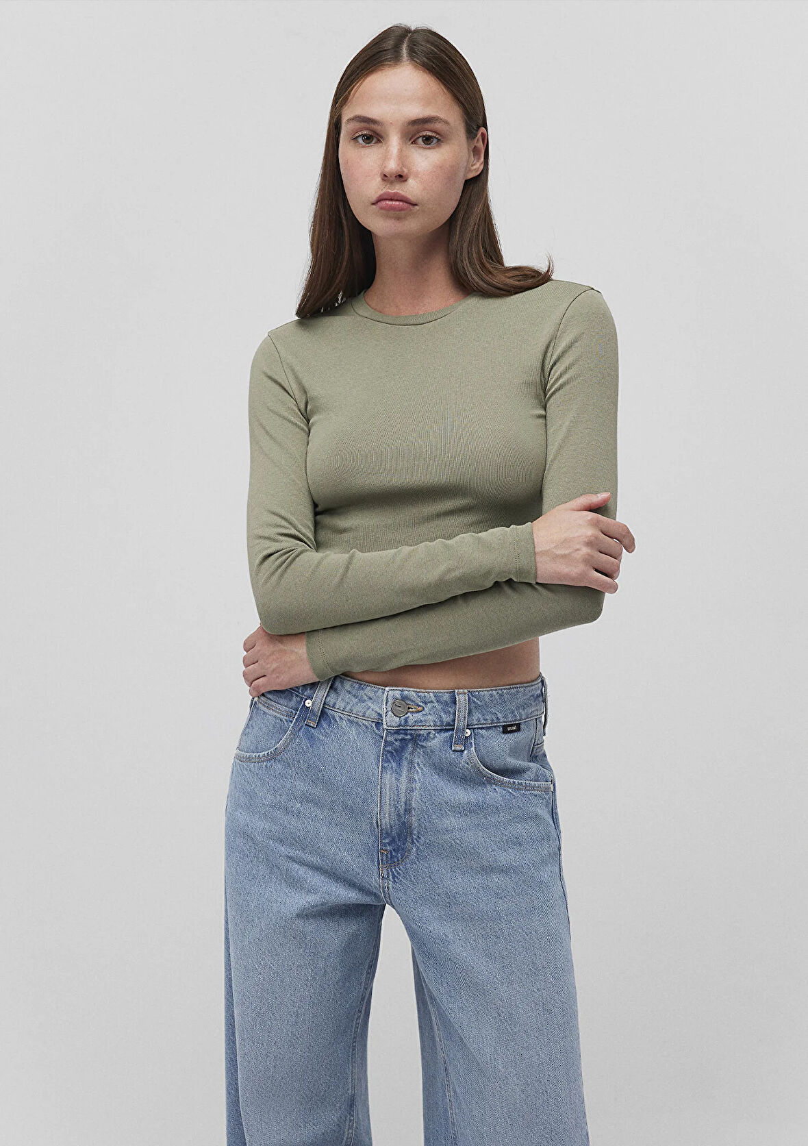 Uzun Kollu Haki Basic Tişört 1612822-71818