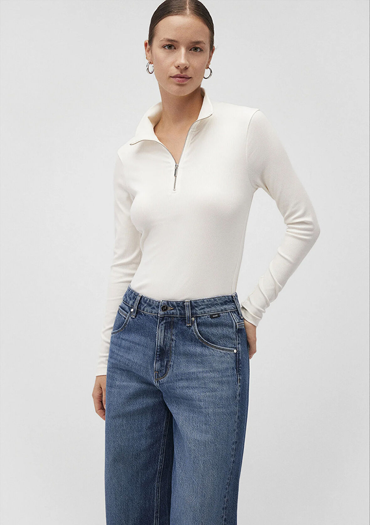 Yarı Fermuarlı Beyaz Tişört 1612869-80194