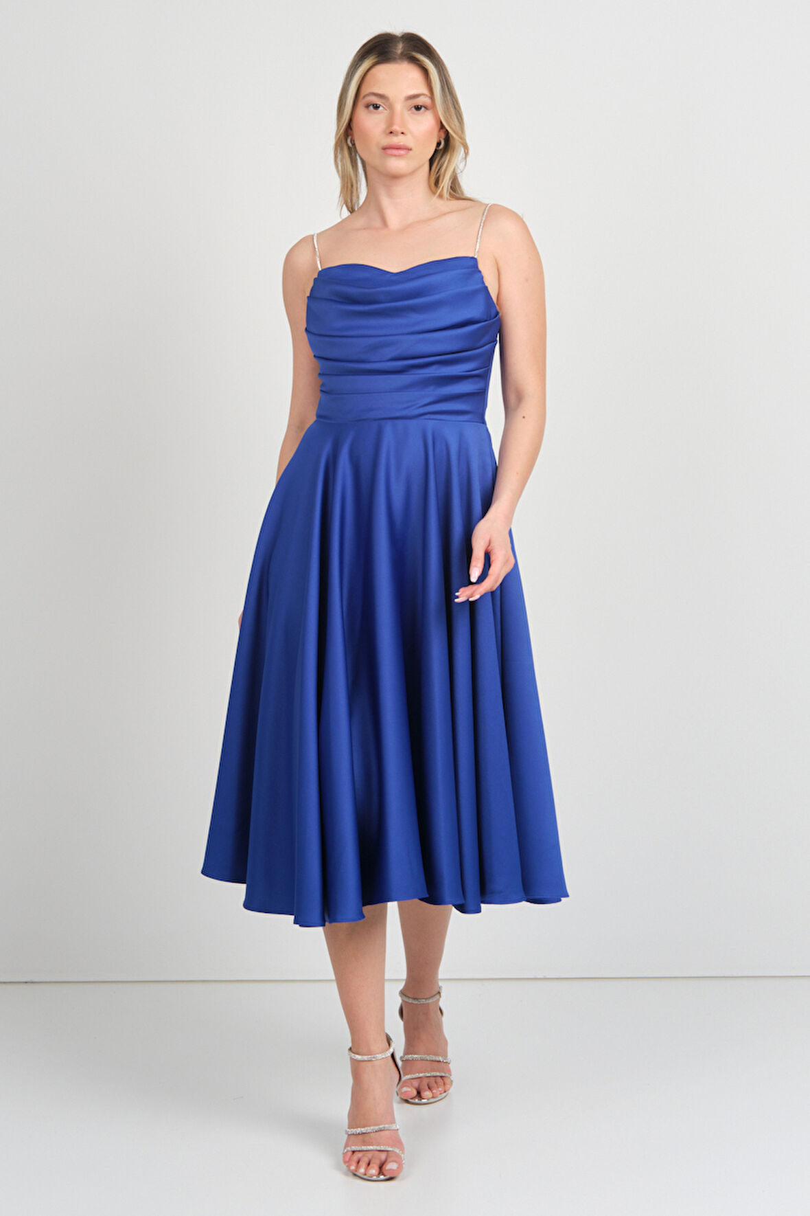 Dans Kadın Taşlı İp Askılı Drapeli Saten Abiye Elbise 1749 Saks