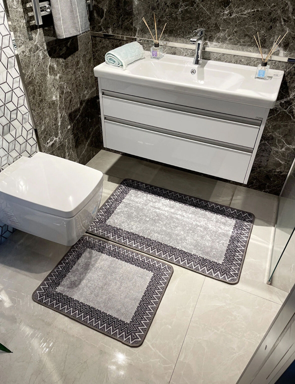 Zigzag Desenli 2 li Banyo Paspas (60x100 - 60x50)