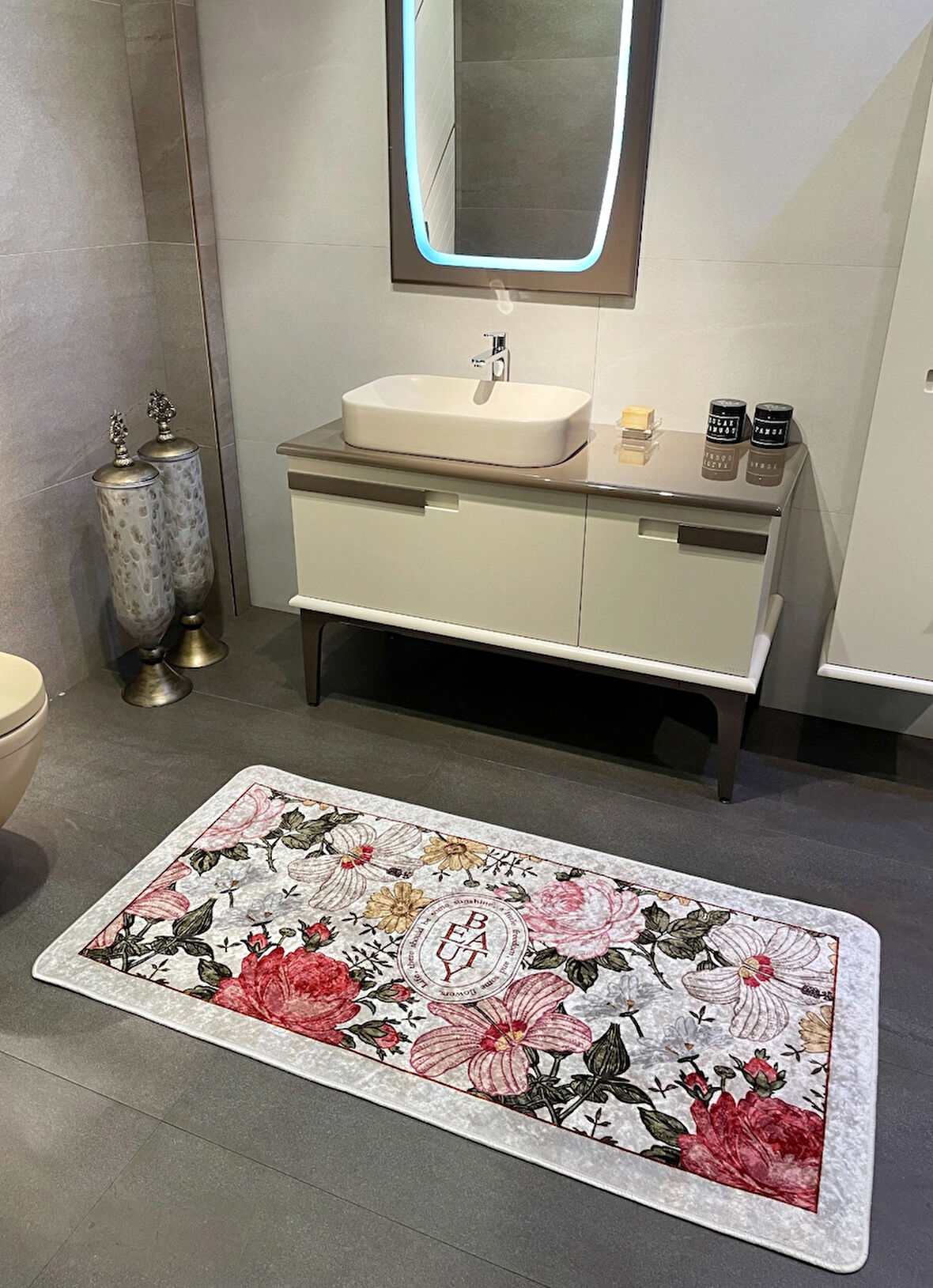 Tekli Çiçek Desenli Beauty Lateks Taban Banyo Paspas (EBAT 50X100)