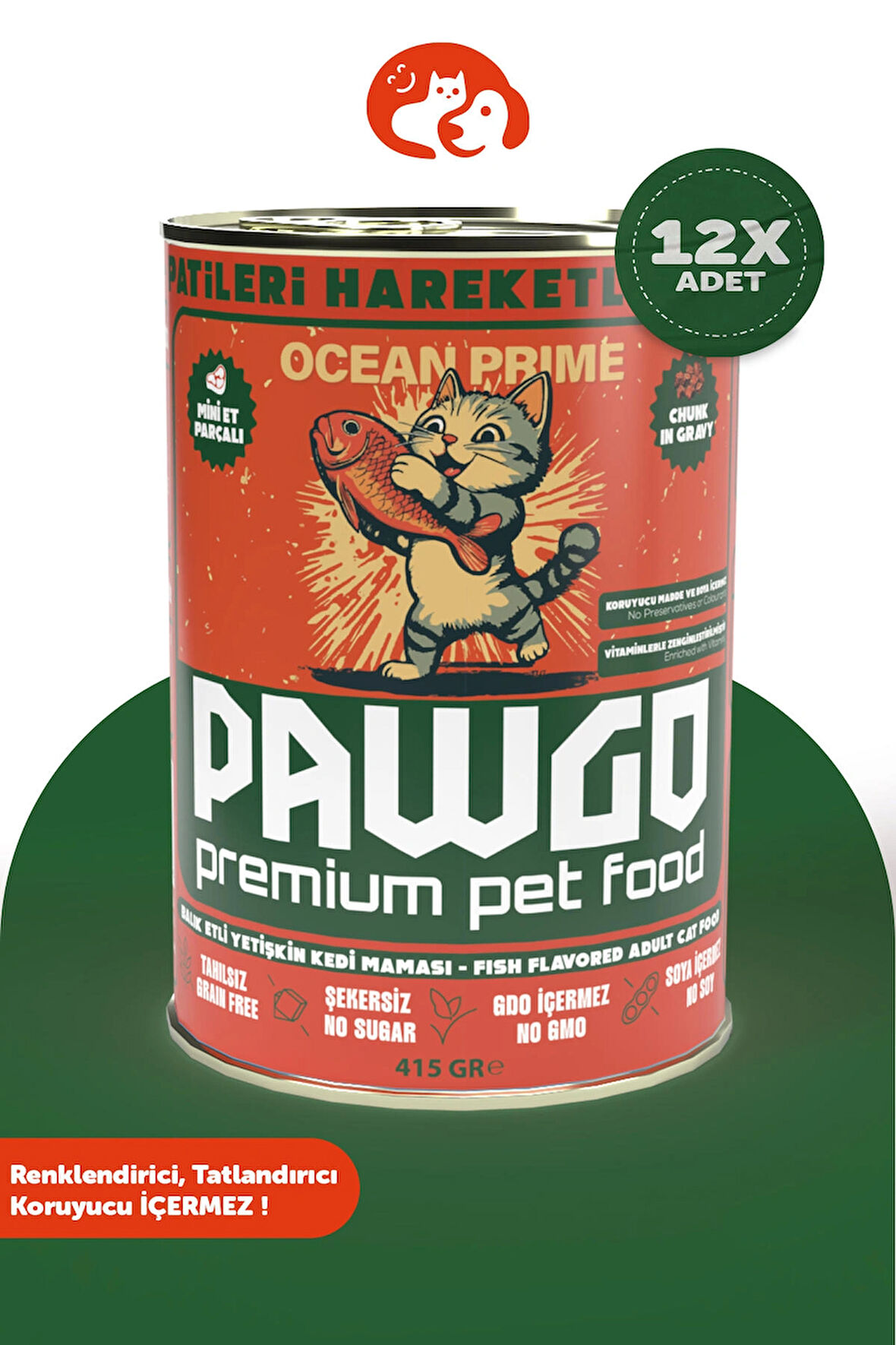 PAWGO Ocean Prime | Balıklı | 415g X 12 | Mini Parça Etli | Kedi Yaş Mama