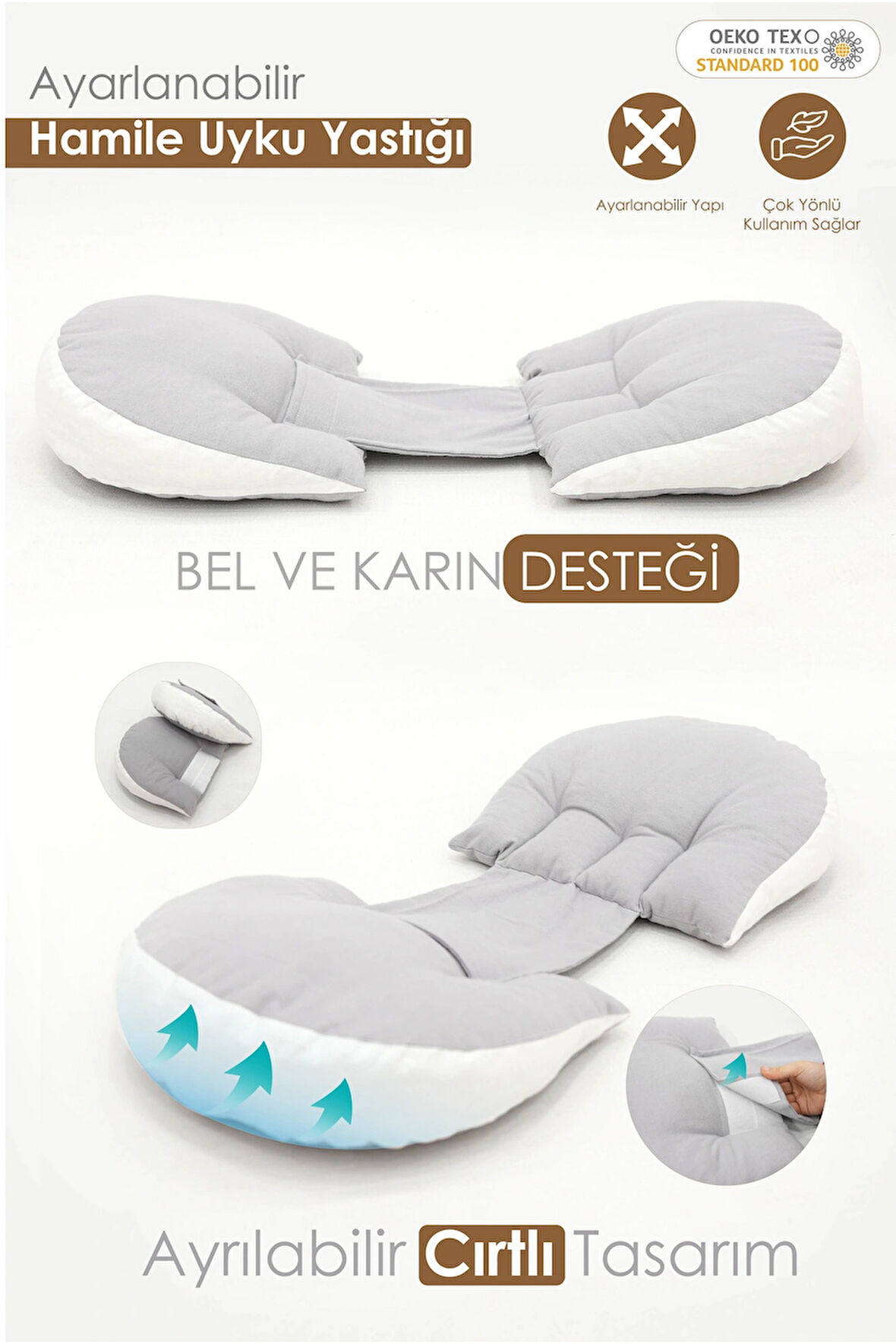 Hamile Uyku Yastığı , Ayarlanabilir, Bel , Emzirme ve Oturma Destek Yastığı Gri