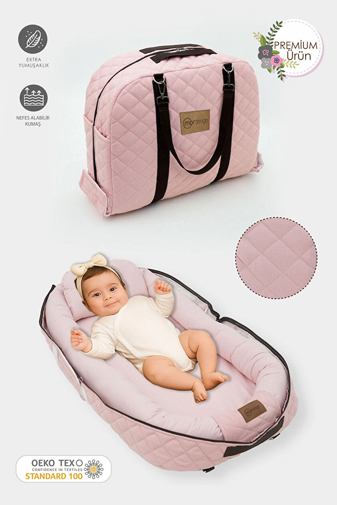 Bebek Yatağı, Bebek Yuvası, Babynest, 0-24 Ay Kullanım, Baş Yastıklı Kanvas Kılıf Deluxe Adorn Serisi