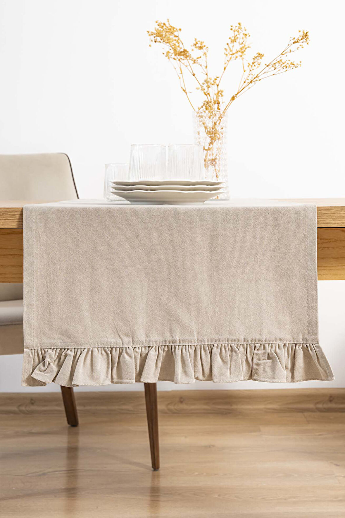 Ruffle Bej Fırfırlı %100 Pamuklu Ham Keten Runner 50x130 cm