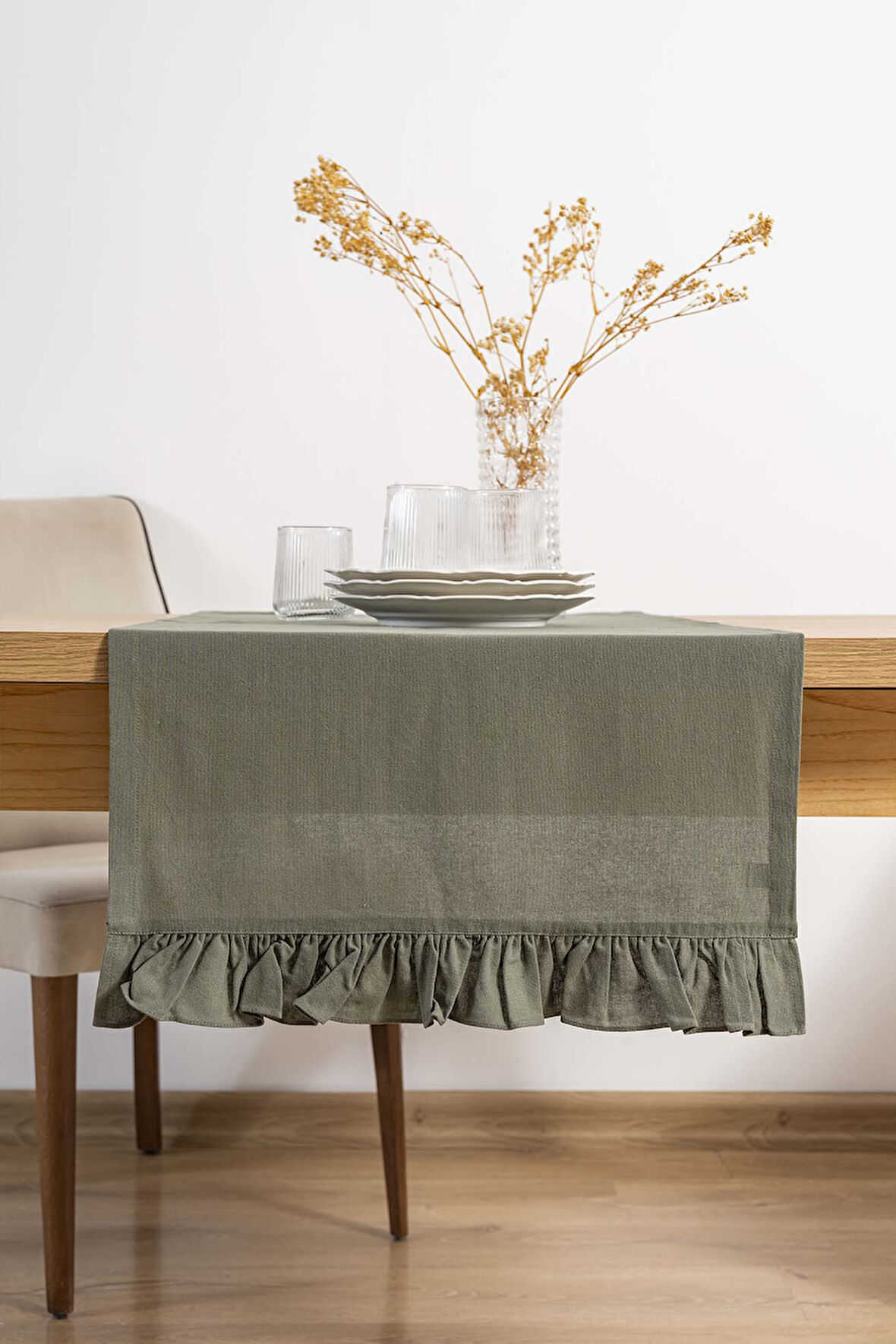 Ruffle Haki Fırfırlı %100 Pamuklu Ham Keten Runner 50x130 cm
