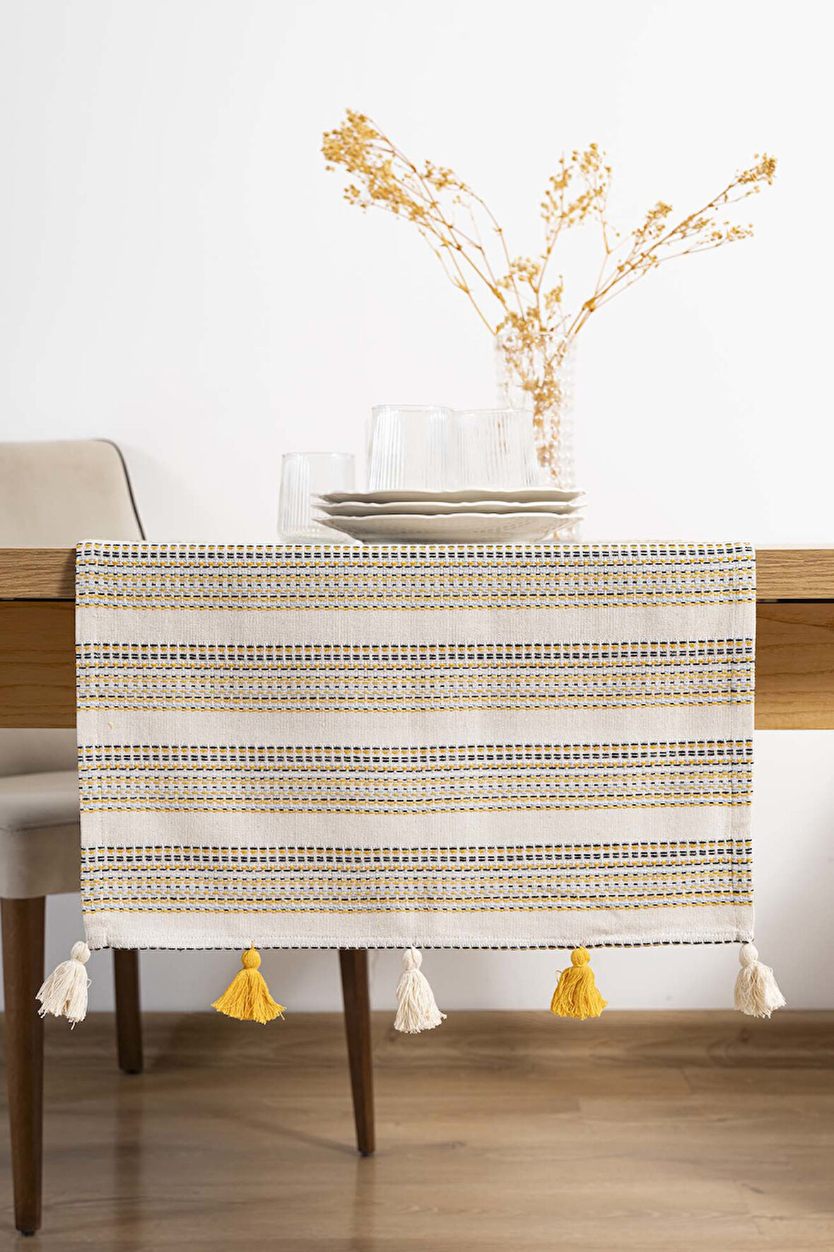 Ruffle Püsküllü Pamuklu Ham Keten Runner 50x130 cm