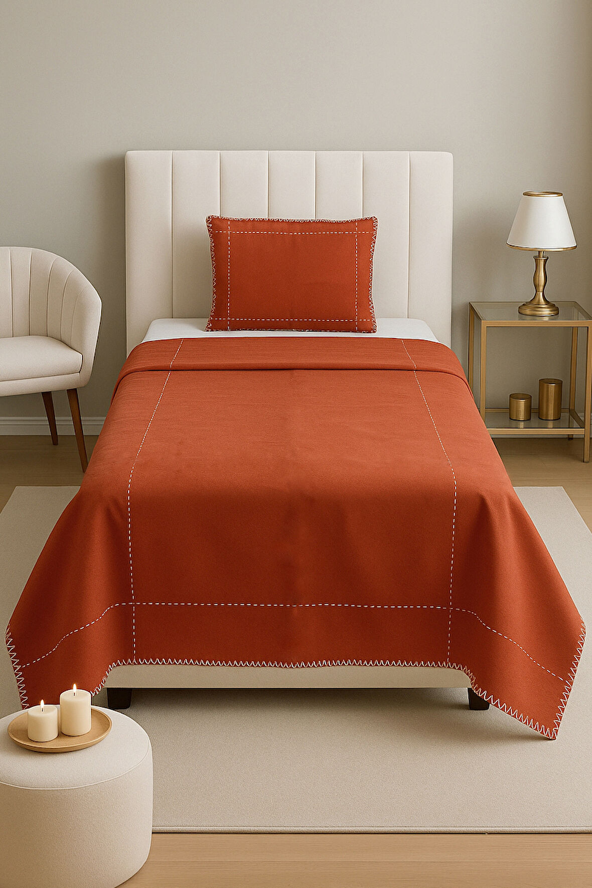 Luna Kiremit Çizgili Çoban Dikişli %100 Pamuklu Tek Kişilik Yatak Örtüsü